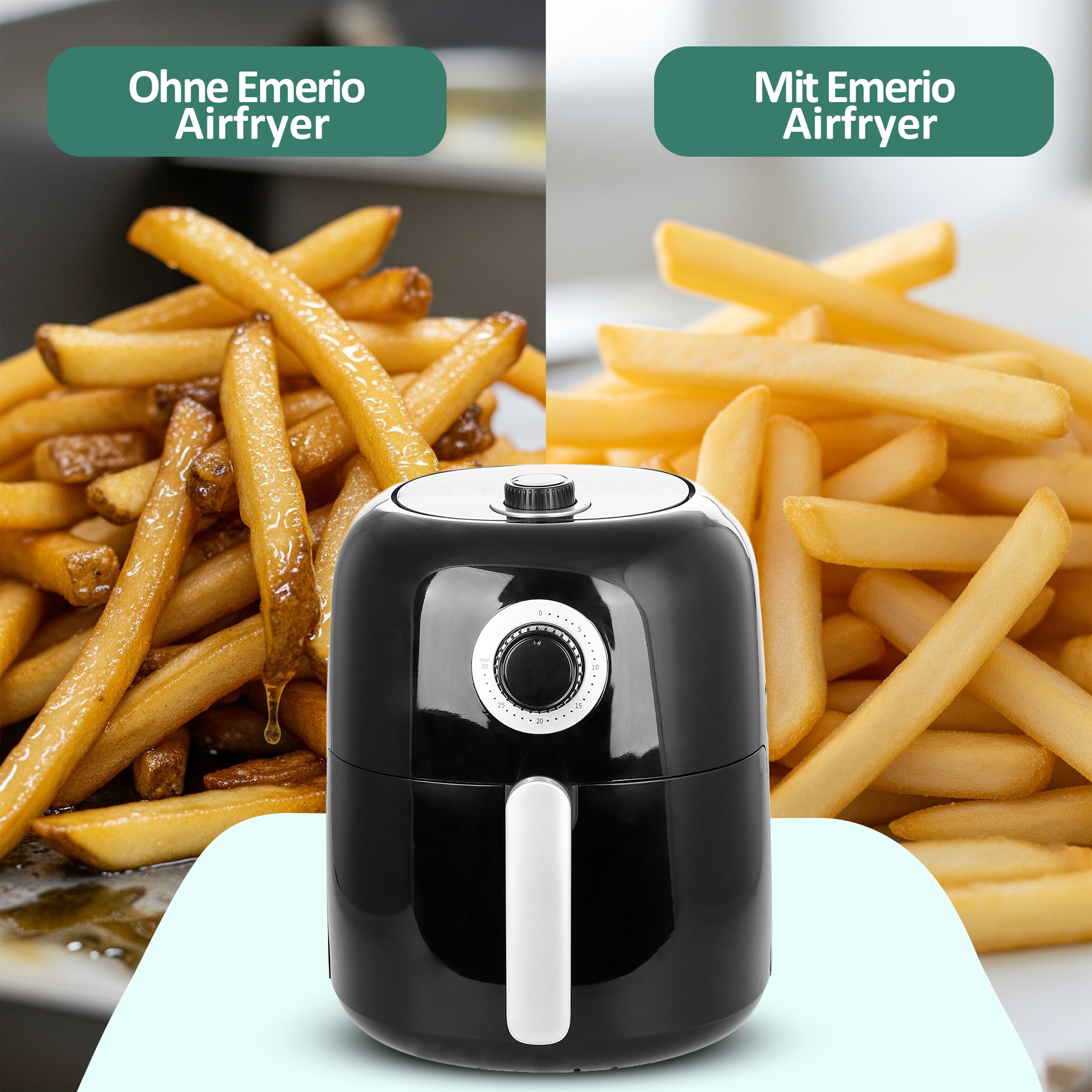 Ein schwarzer Airfryer steht neben zwei Stapeln Pommes Frites.