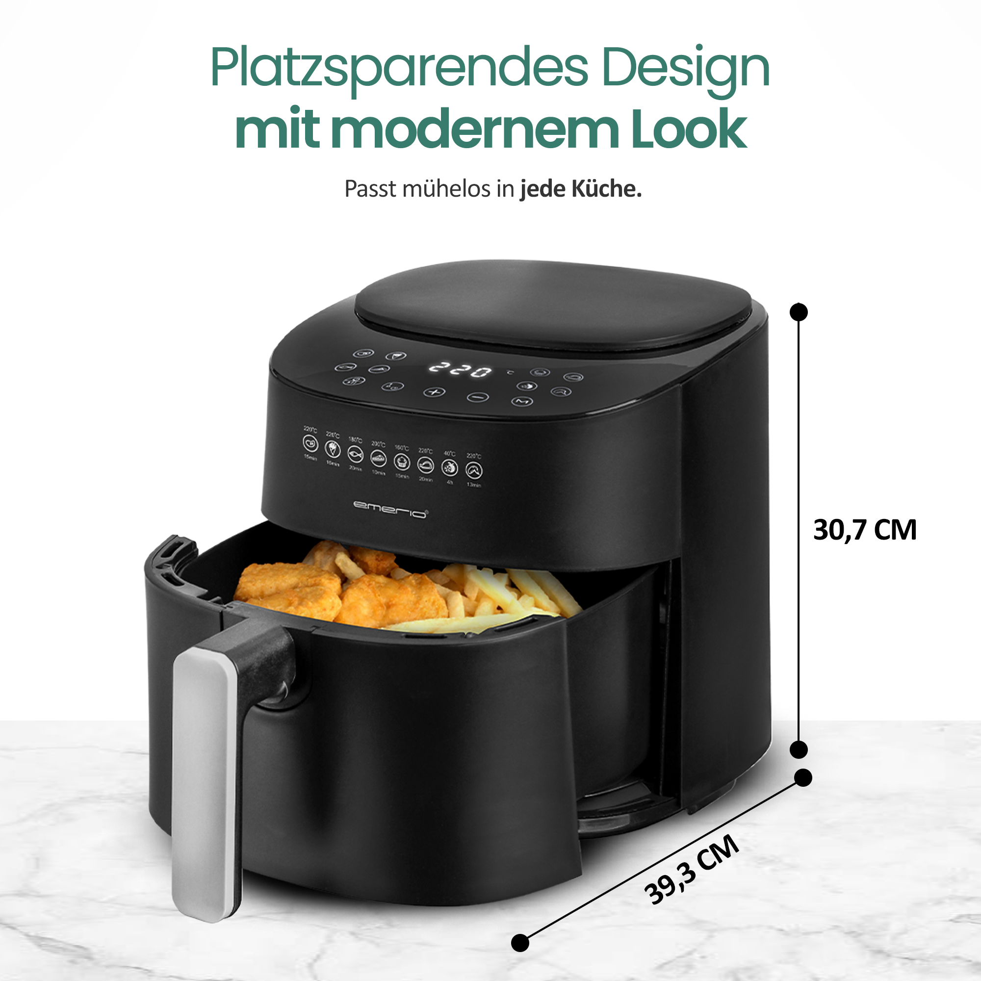 Schwarzer Airfryer mit Pommes und Nuggets, Maße 30,7x39,3 cm.
