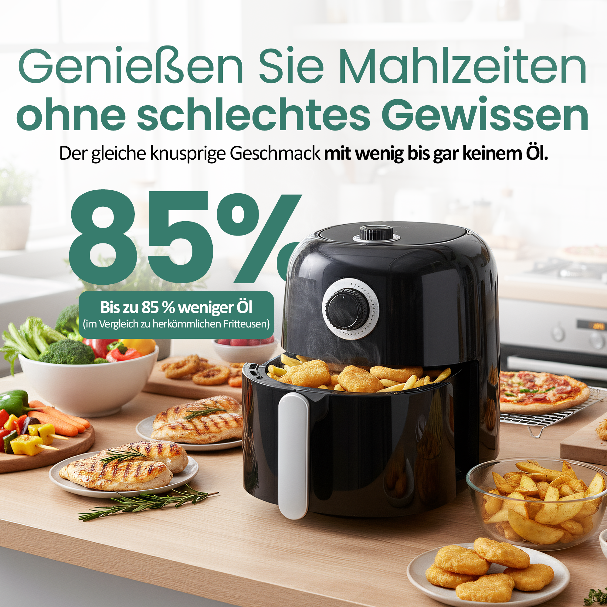 Ein schwarzer Heißluftfritteuse mit Hähnchen, Pommes, Pizza und Gemüse.