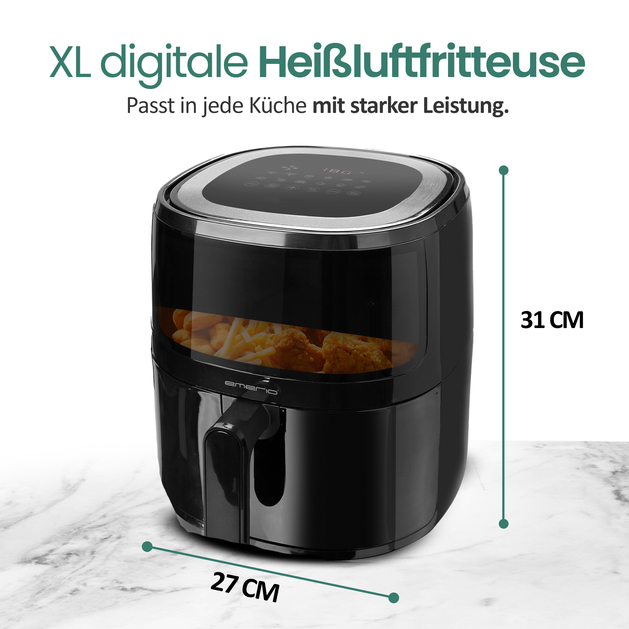 Schwarze XL Heißluftfritteuse mit digitalem Display und Fenster. Maße 27x31 cm.