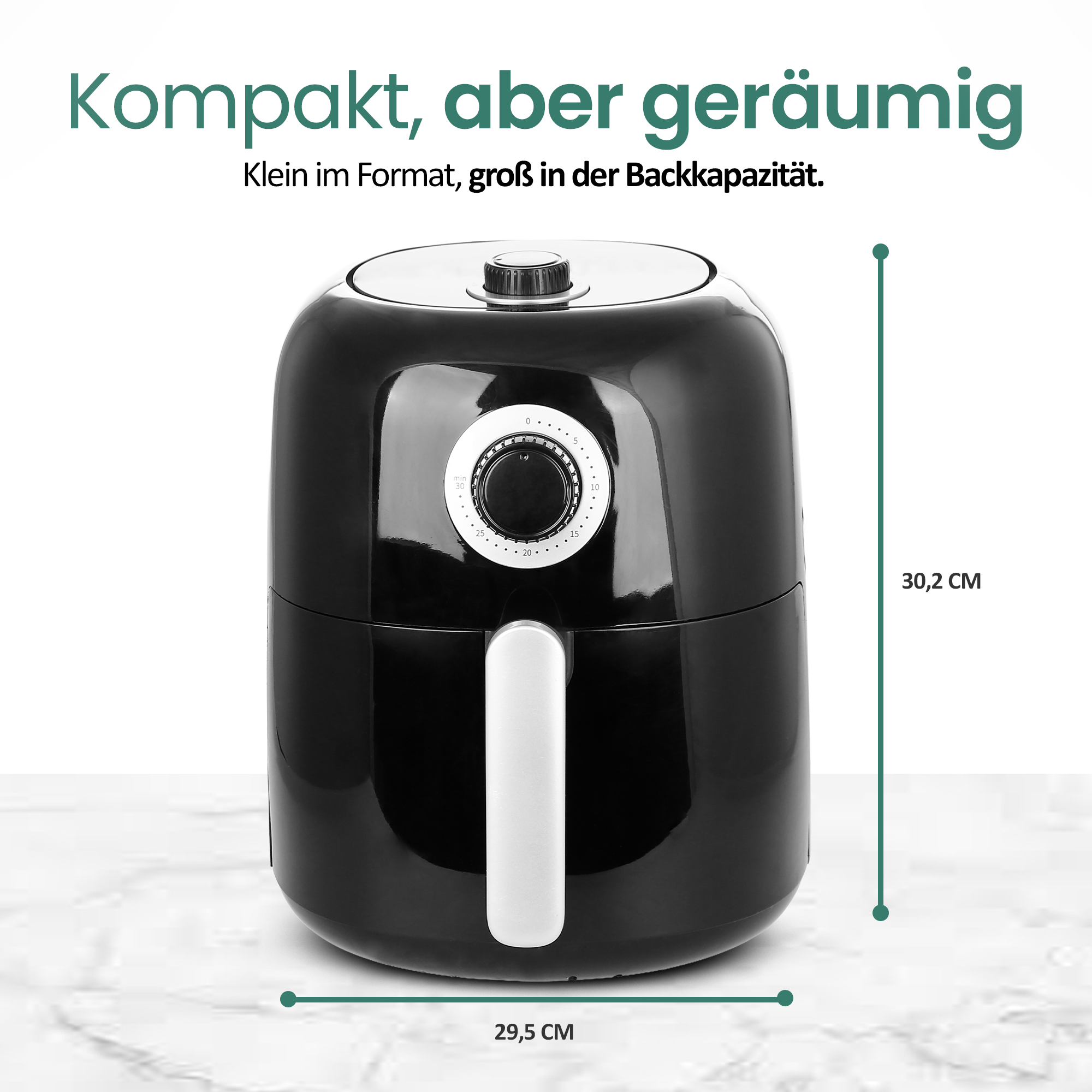 Schwarzer Airfryer mit weißem Bedienfeld und Griff, Maße 29,5x30,2 cm.