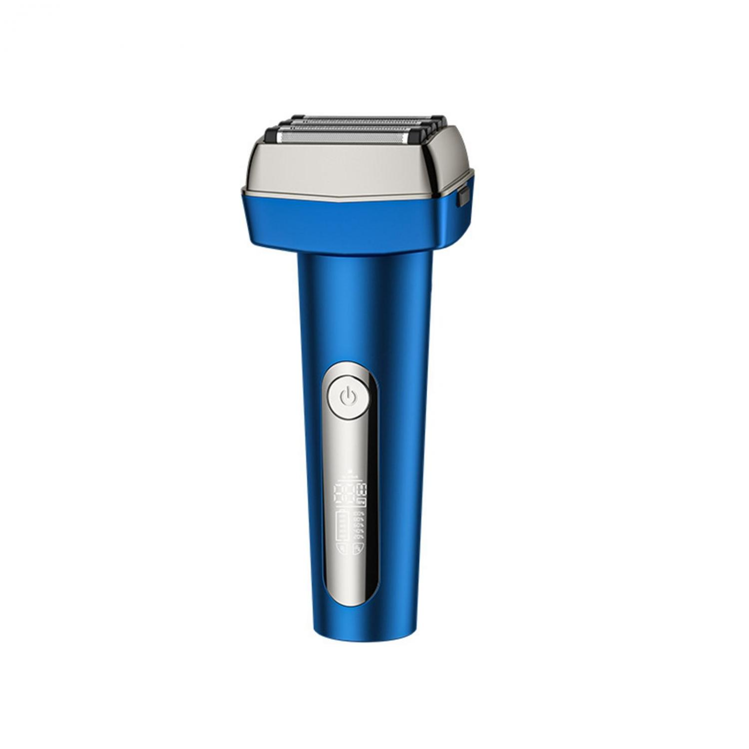 Ein blauer Elektrorasierer mit silbernem Kopf und einem Power-Button.