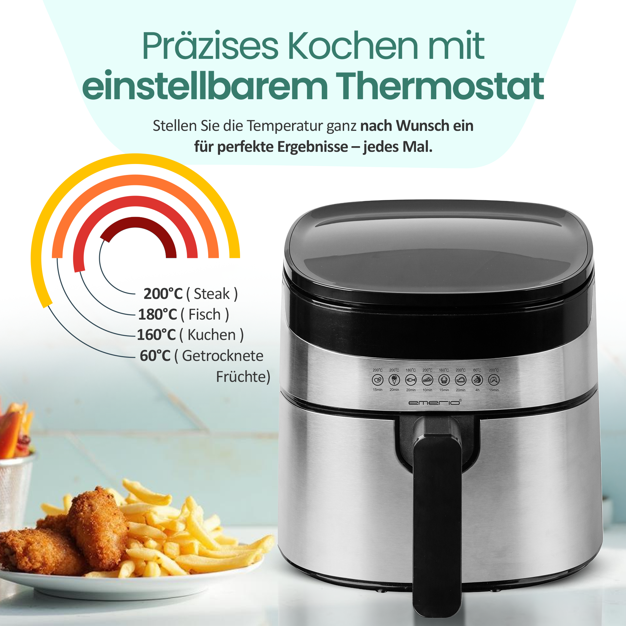 Ein silberner Heißluftfritteuse mit schwarzem Deckel und Griff, daneben Pommes und Hähnchen.
