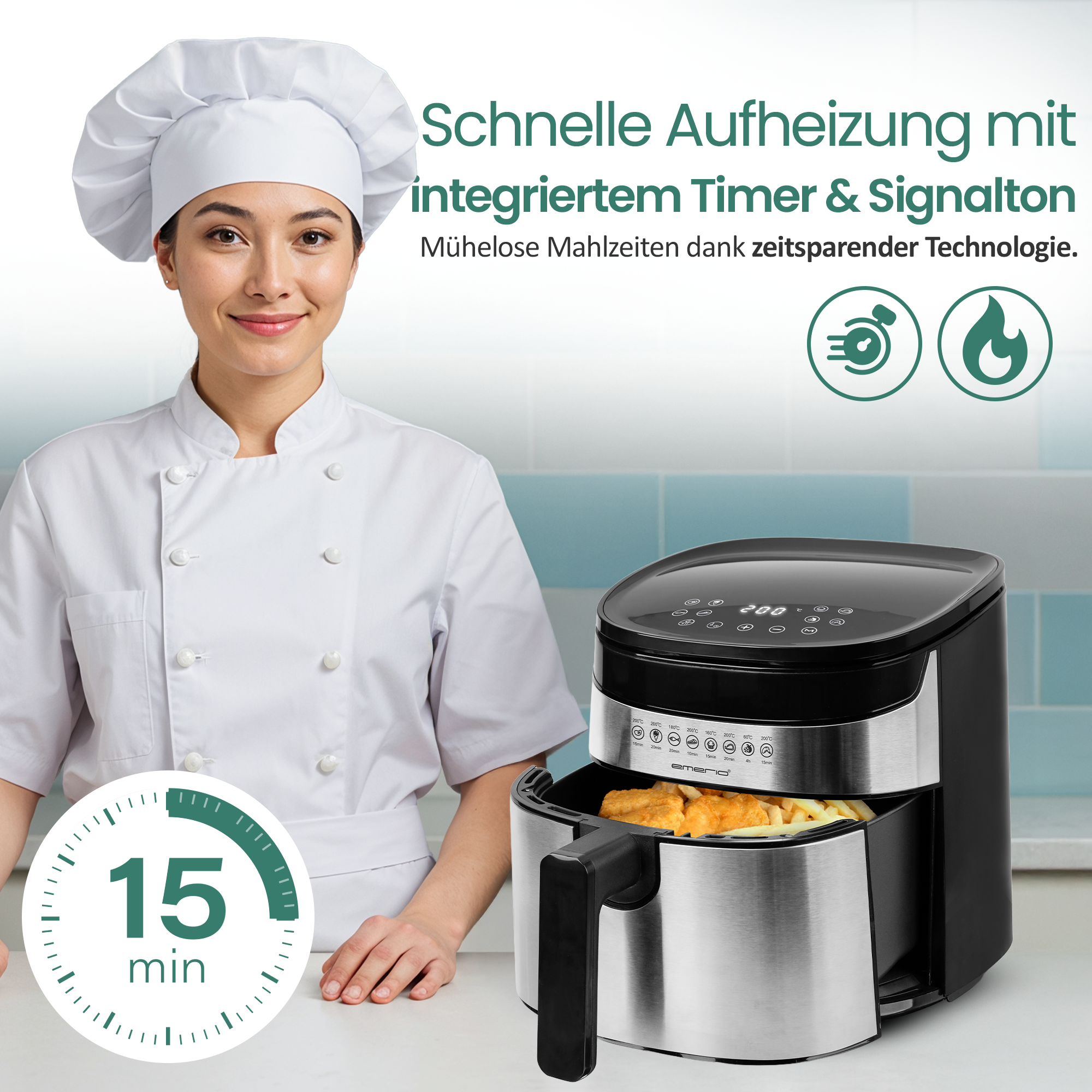 Ein Koch mit einem Airfryer, der 15 Minuten anzeigt.