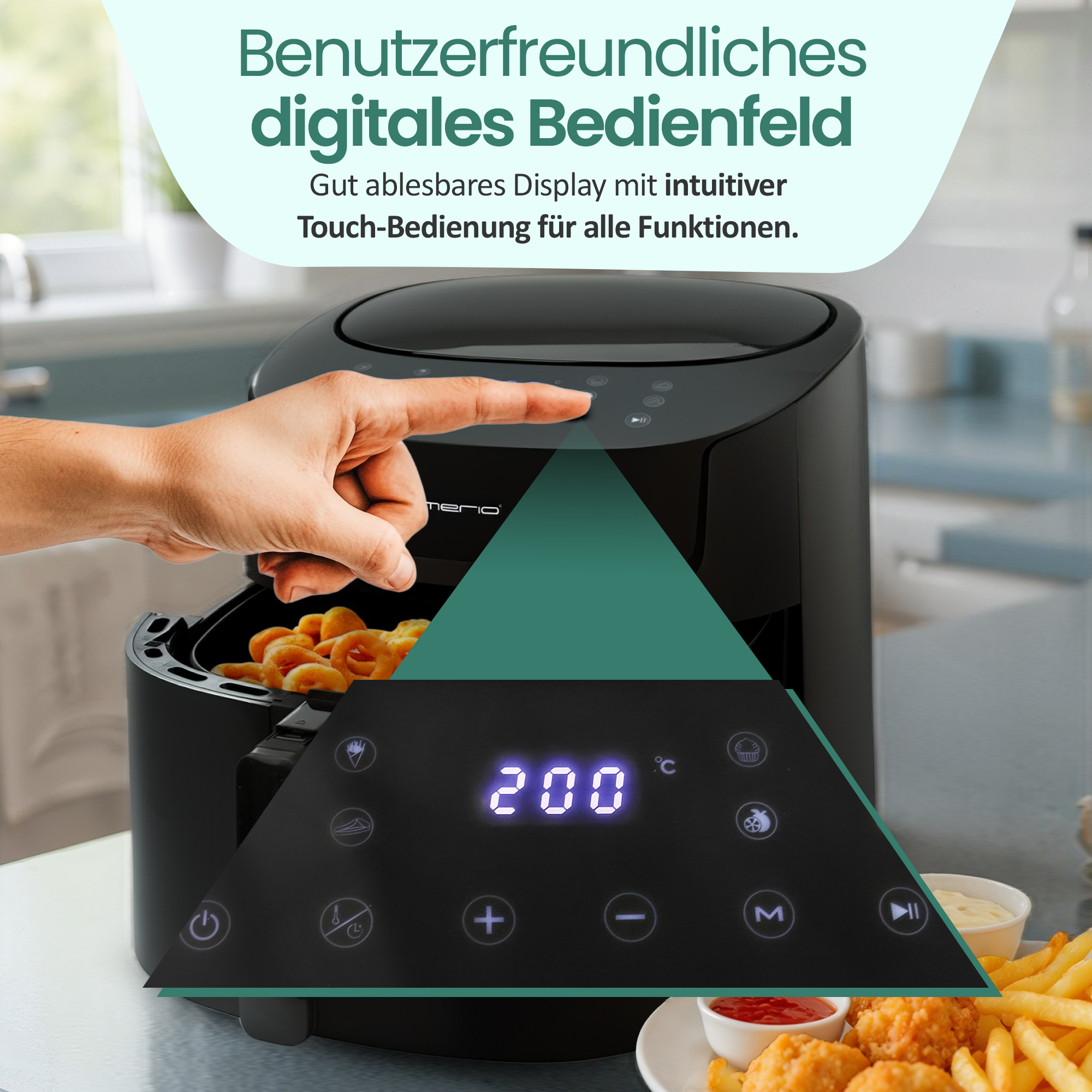 Eine Hand bedient ein schwarzes digitales Touchscreen-Bedienfeld einer Heißluftfritteuse.