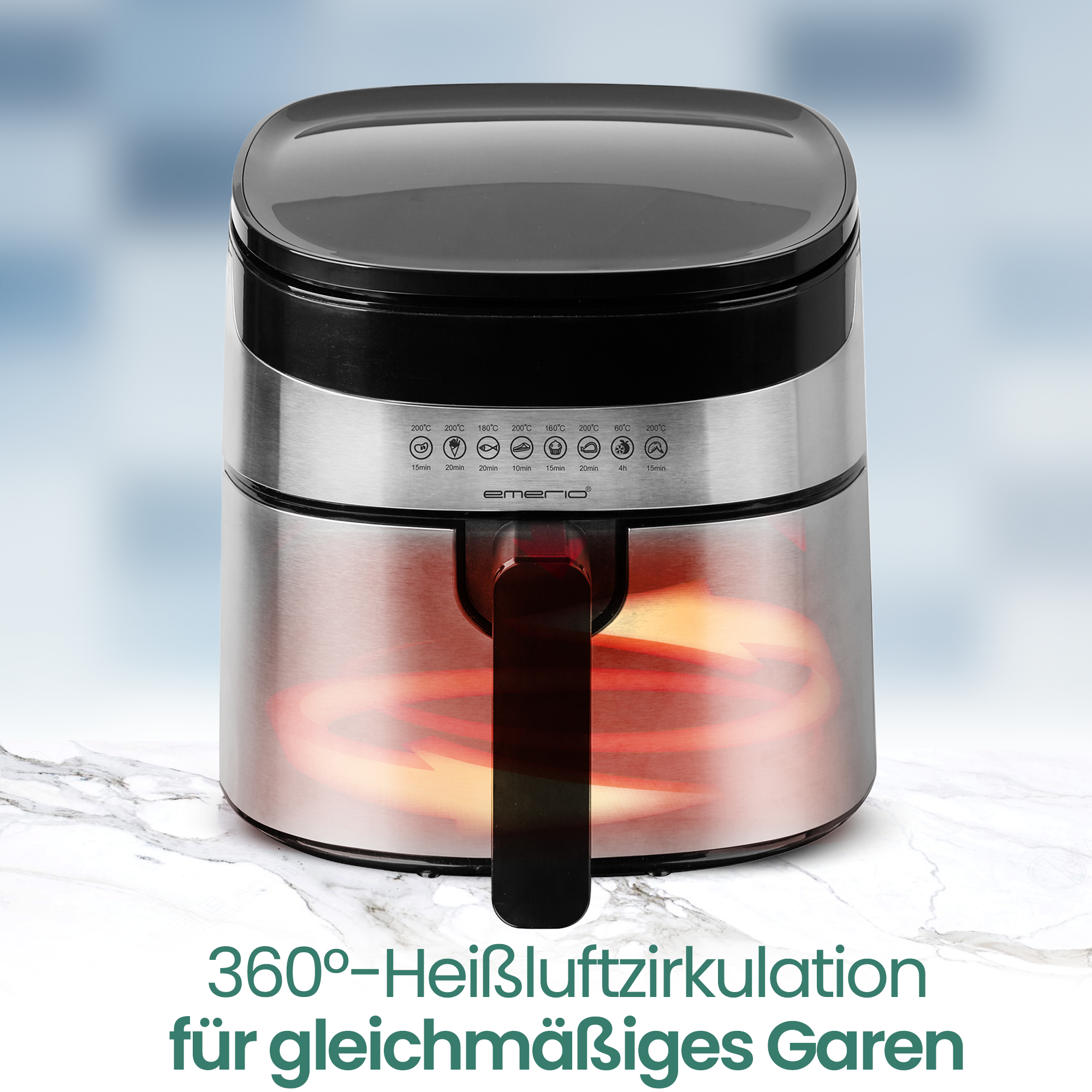 Ein silberner Heißluftfritteuse mit schwarzem Deckel und Griff steht auf Marmor.