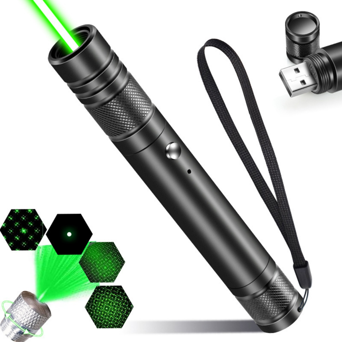 Schwarzer Laserpointer mit grünem Strahl und USB-Anschluss. Zeigt Muster an.