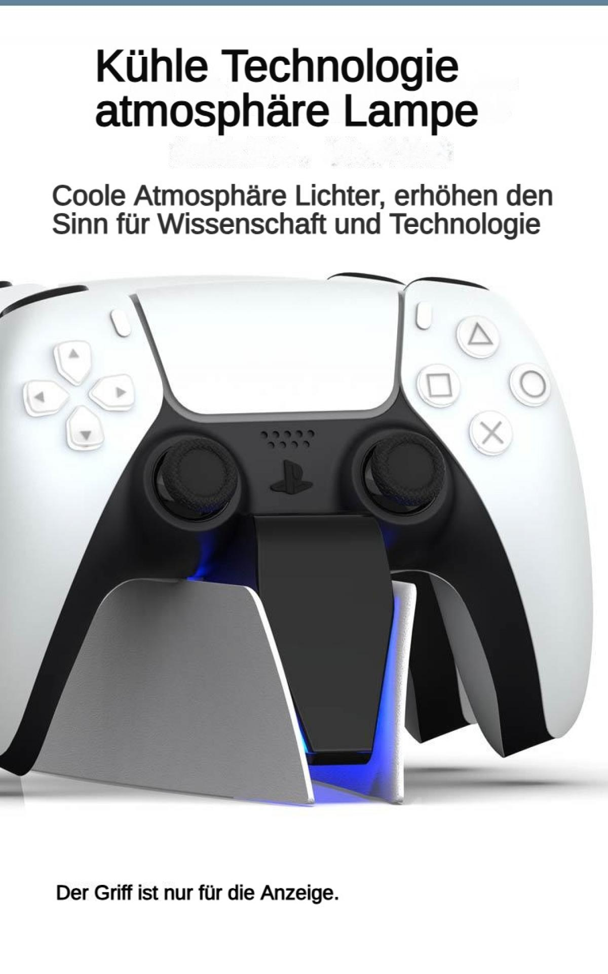 Ein weißer Controller steht auf einer Ladebasis mit blauer Beleuchtung.