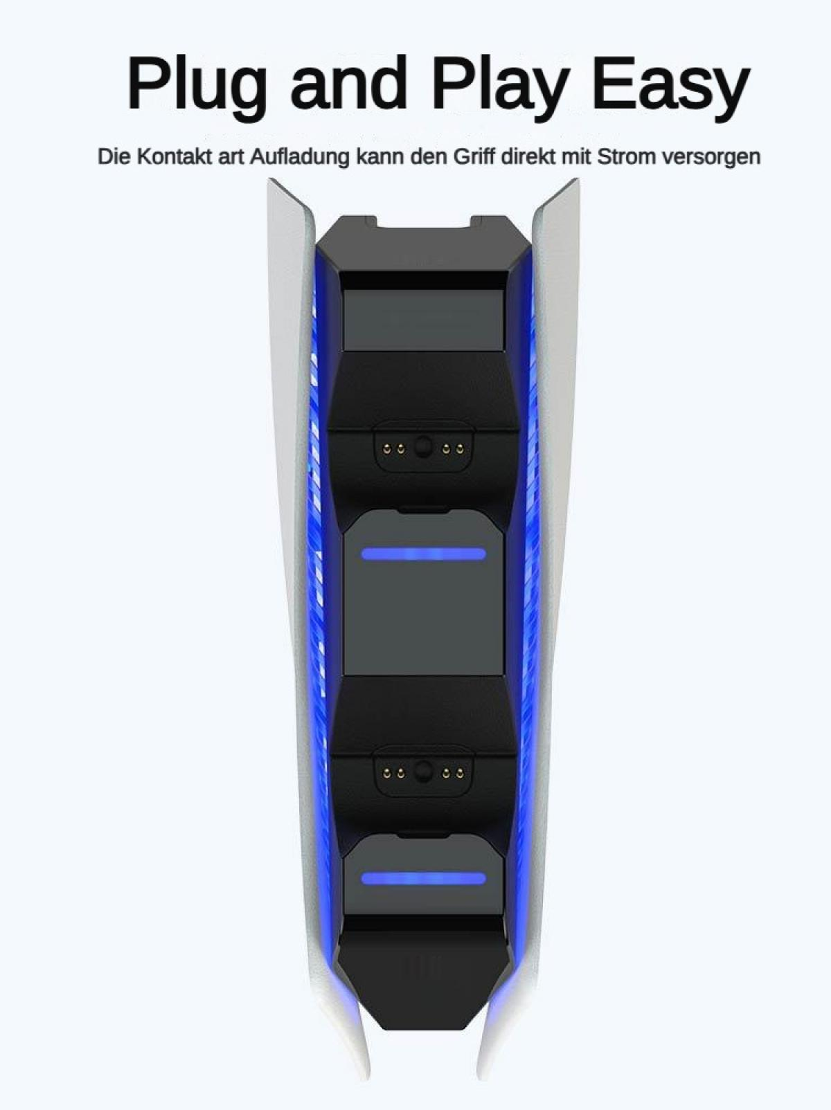 Ein schwarzes Ladegerät mit blauen Lichtern, das an ein weißes Gehäuse angeschlossen ist.