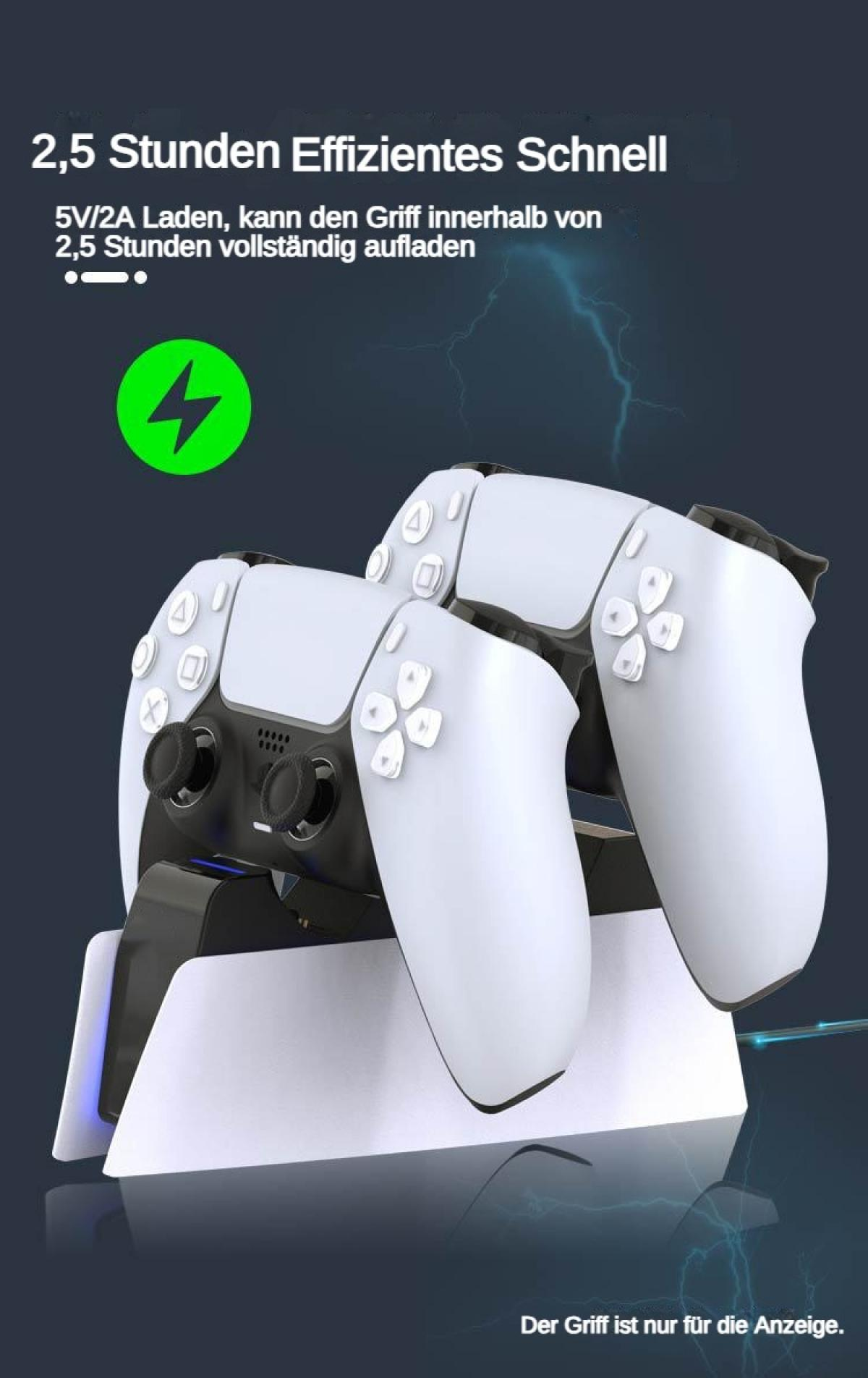 Zwei weiße Controller auf einer Ladestation mit Blitz-Symbol.
