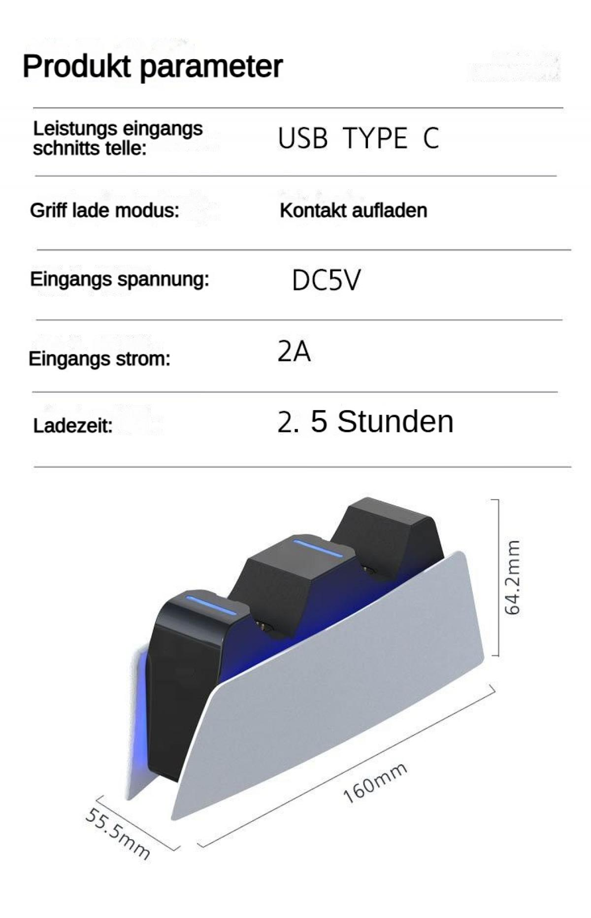 Produktparameter für USB-C-Ladestation: 5V, 2A, 2,5 Std Ladezeit. Maße: 160x64.2x55.5mm.