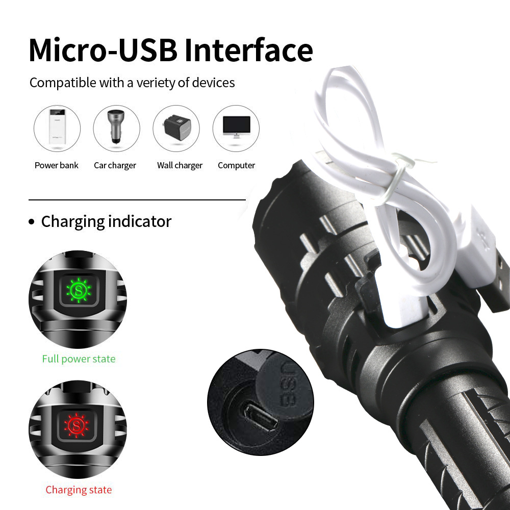 Schwarze Taschenlampe mit Micro-USB-Anschluss und Ladeanzeige.