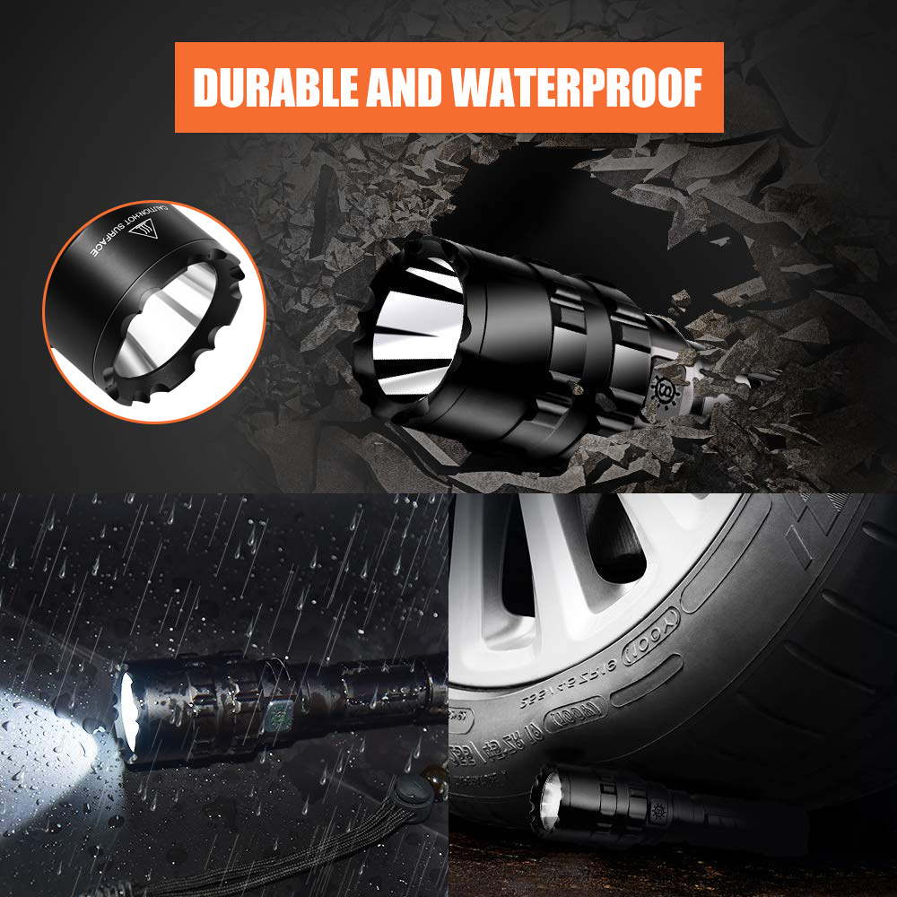 Taschenlampe neben Autoreifen und bei Regen. "DURABLE AND WATERPROOF".