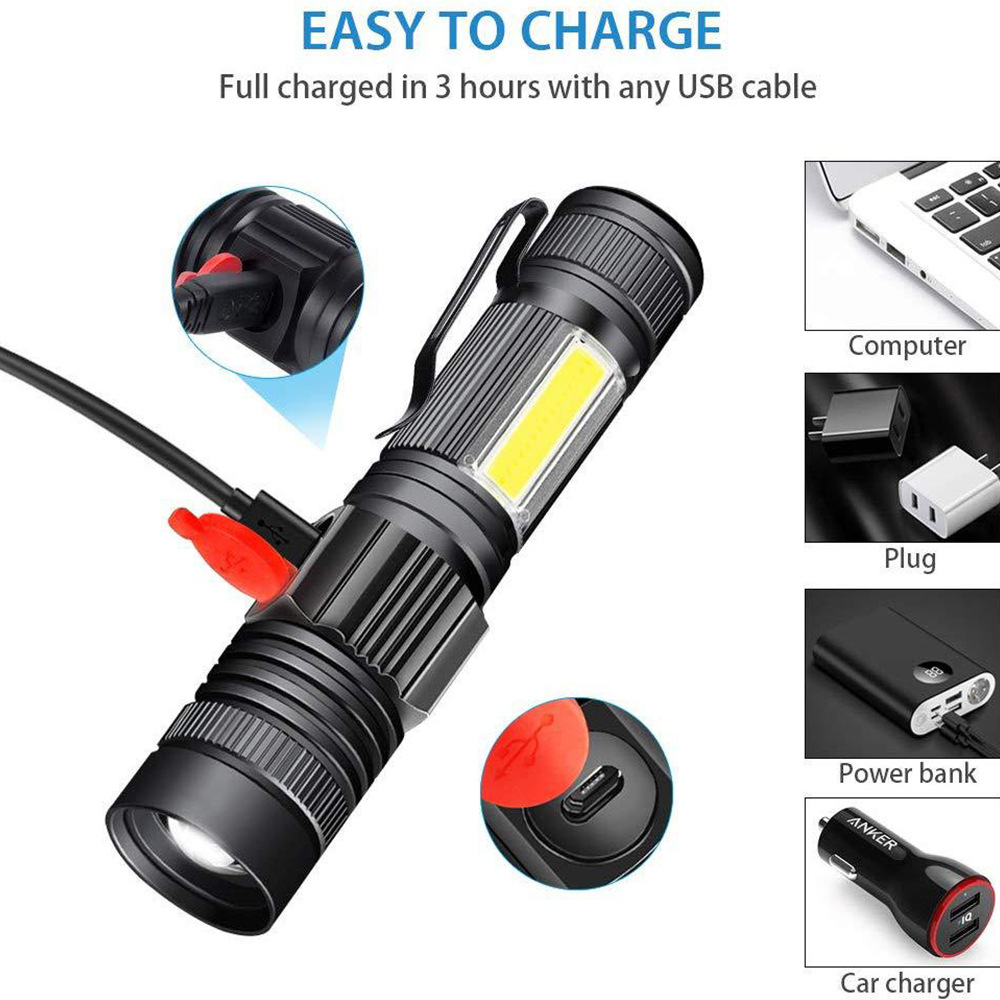 Schwarze Taschenlampe mit COB-LED, wird über USB geladen, mit Computer, Netzteil, Powerbank und Autoladegerät.