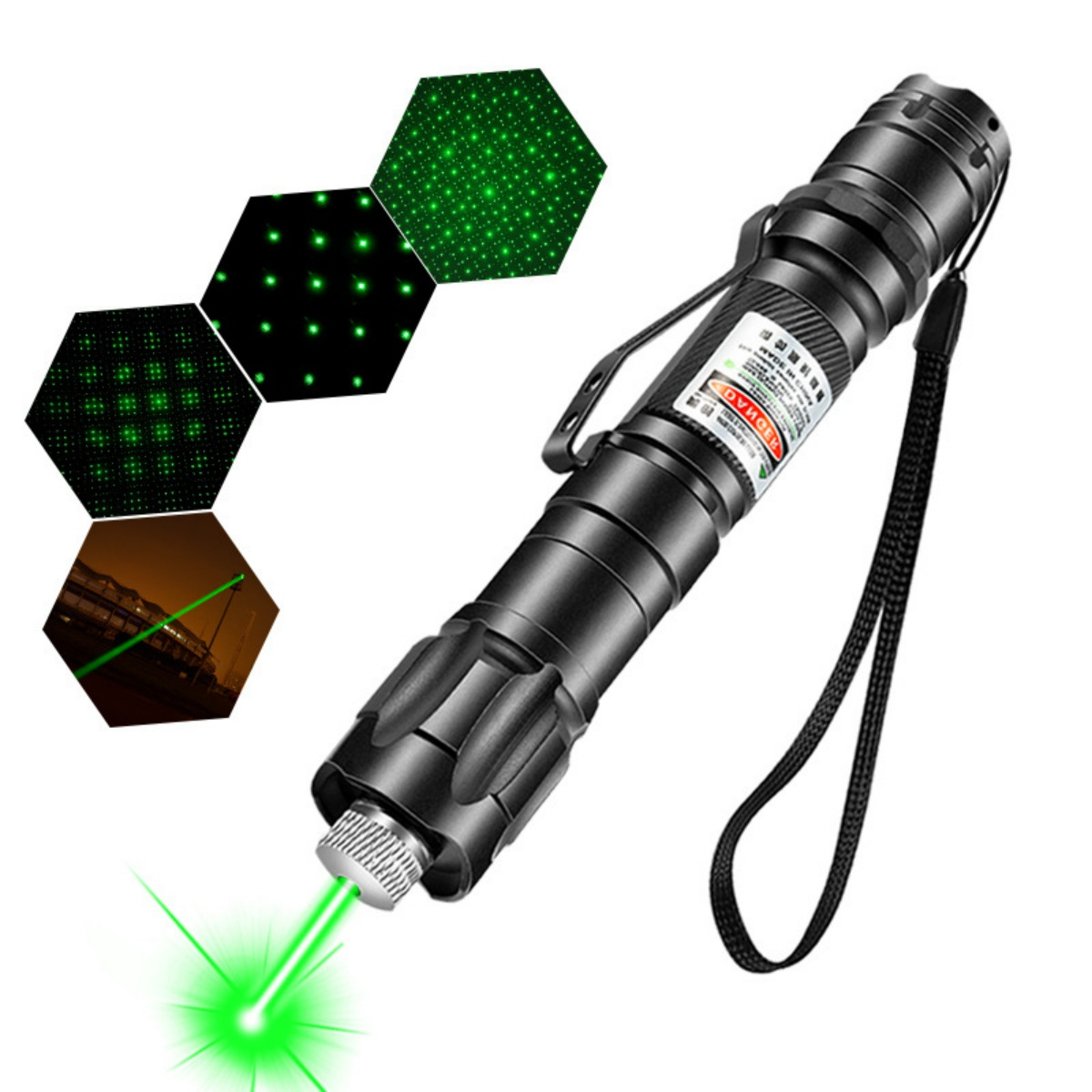 Schwarzer Laserpointer mit grünen Laserstrahlen und Mustern.