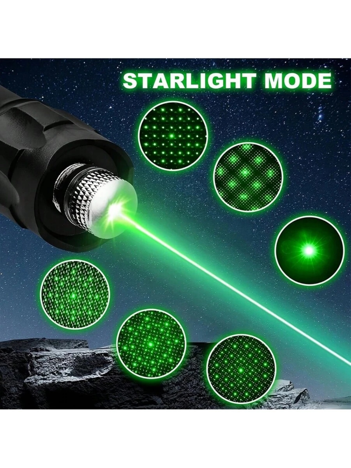 Ein grüner Laserstrahl wird von einem schwarzen Gerät abgefeuert, das Muster zeigt.