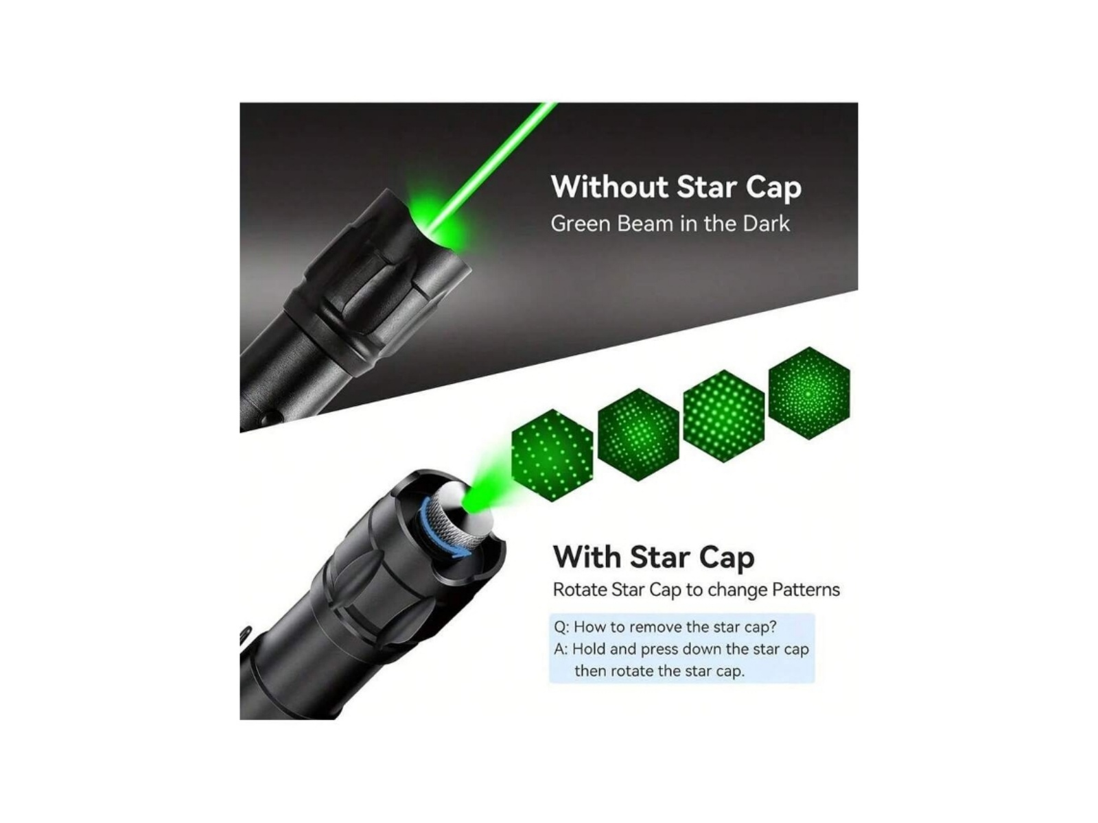 Schwarzer Laserpointer mit grüner Strahl, ohne Kappe und mit Sternkappe, die Muster zeigt.