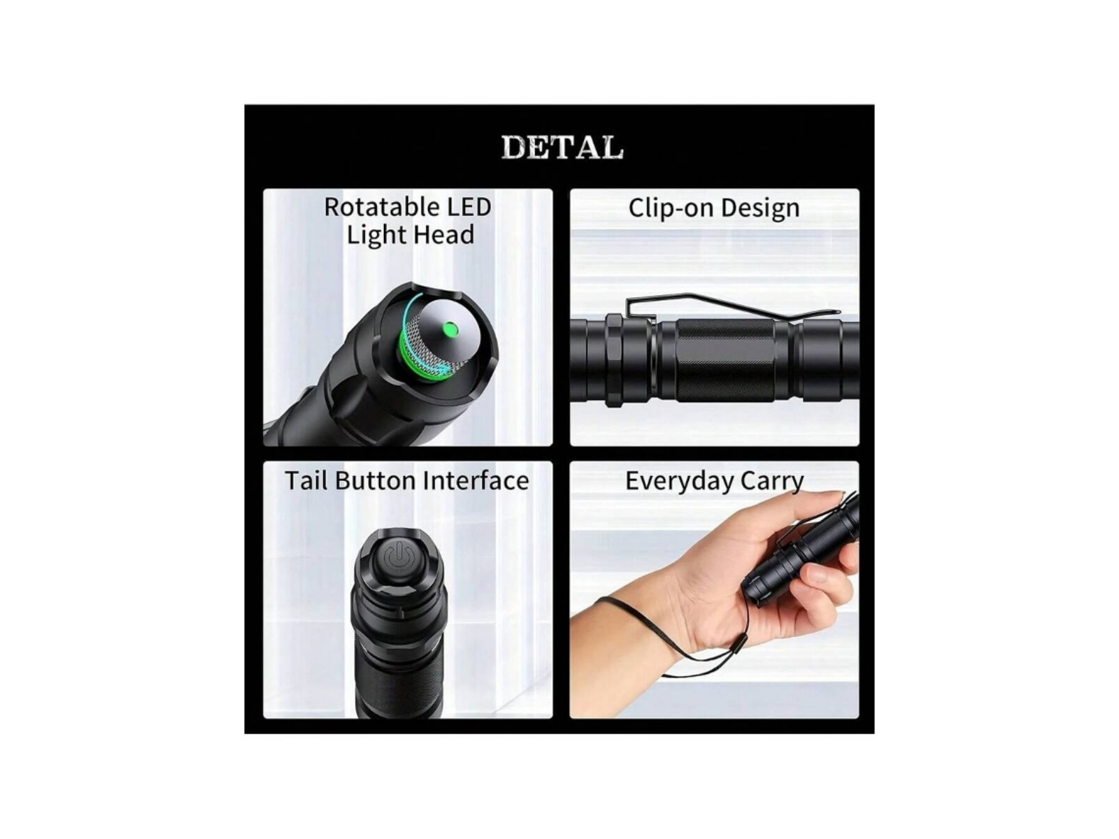 Vier Bilder zeigen Details einer Taschenlampe: drehbarer Kopf, Clip, Heckknopf, Handhaltung.