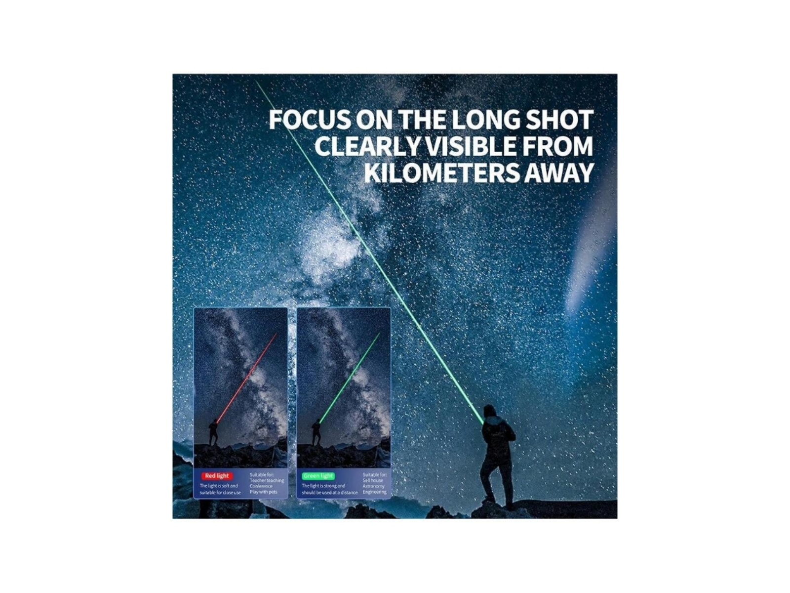 Mann mit Laserpointer unter Sternenhimmel. Fokus auf Fernsicht.