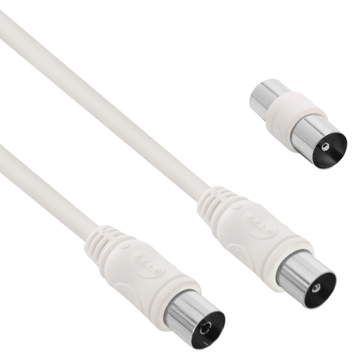 Ein weißes Koaxialkabel mit zwei Steckverbindern und einem separaten Stecker.