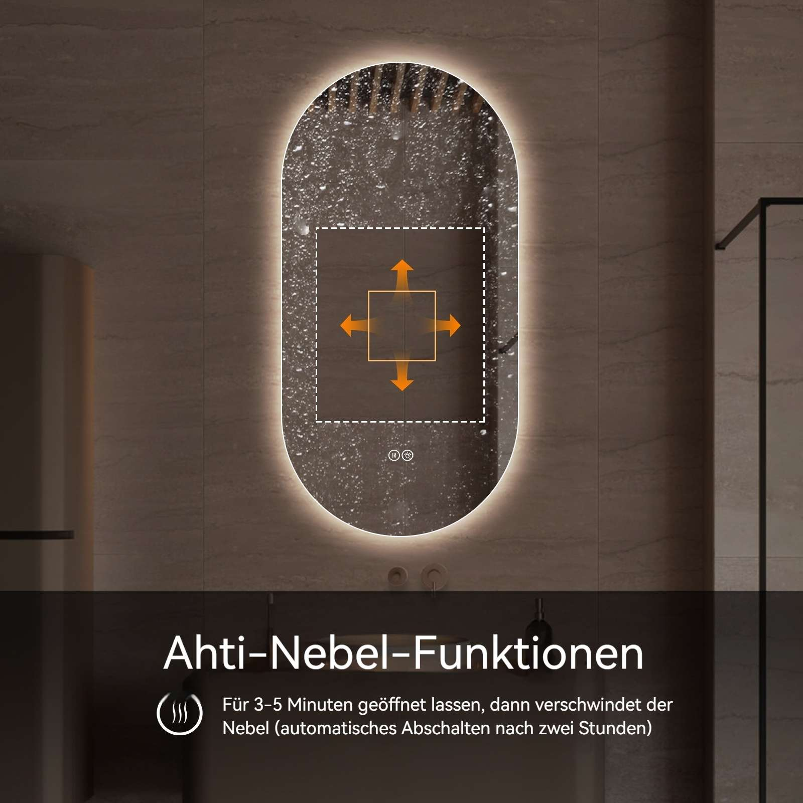 Ovaler Spiegel mit LED-Beleuchtung, beschlagen mit Wassertropfen.