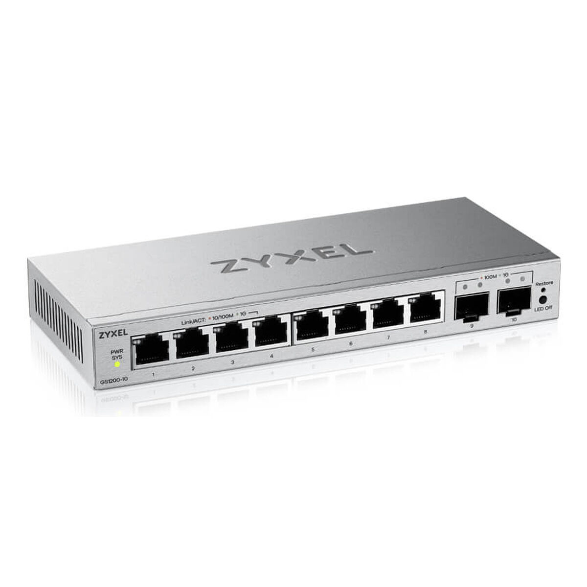 Uno switch di rete Zyxel argentato a 10 porte con LED.