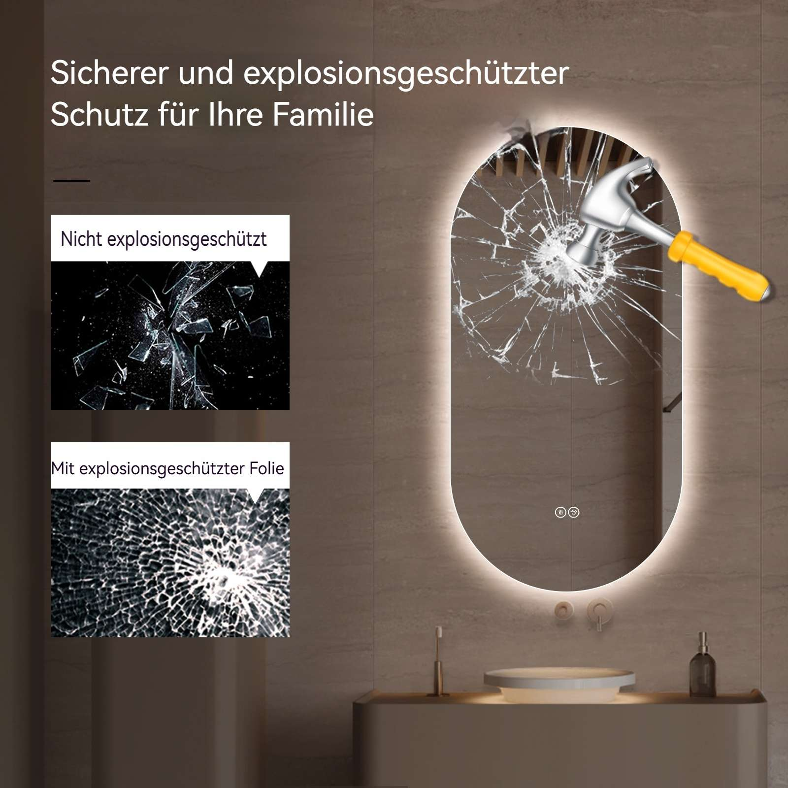 Ein Hammer zerschmettert einen beleuchteten Spiegel. Daneben zerbrochenes Glas.