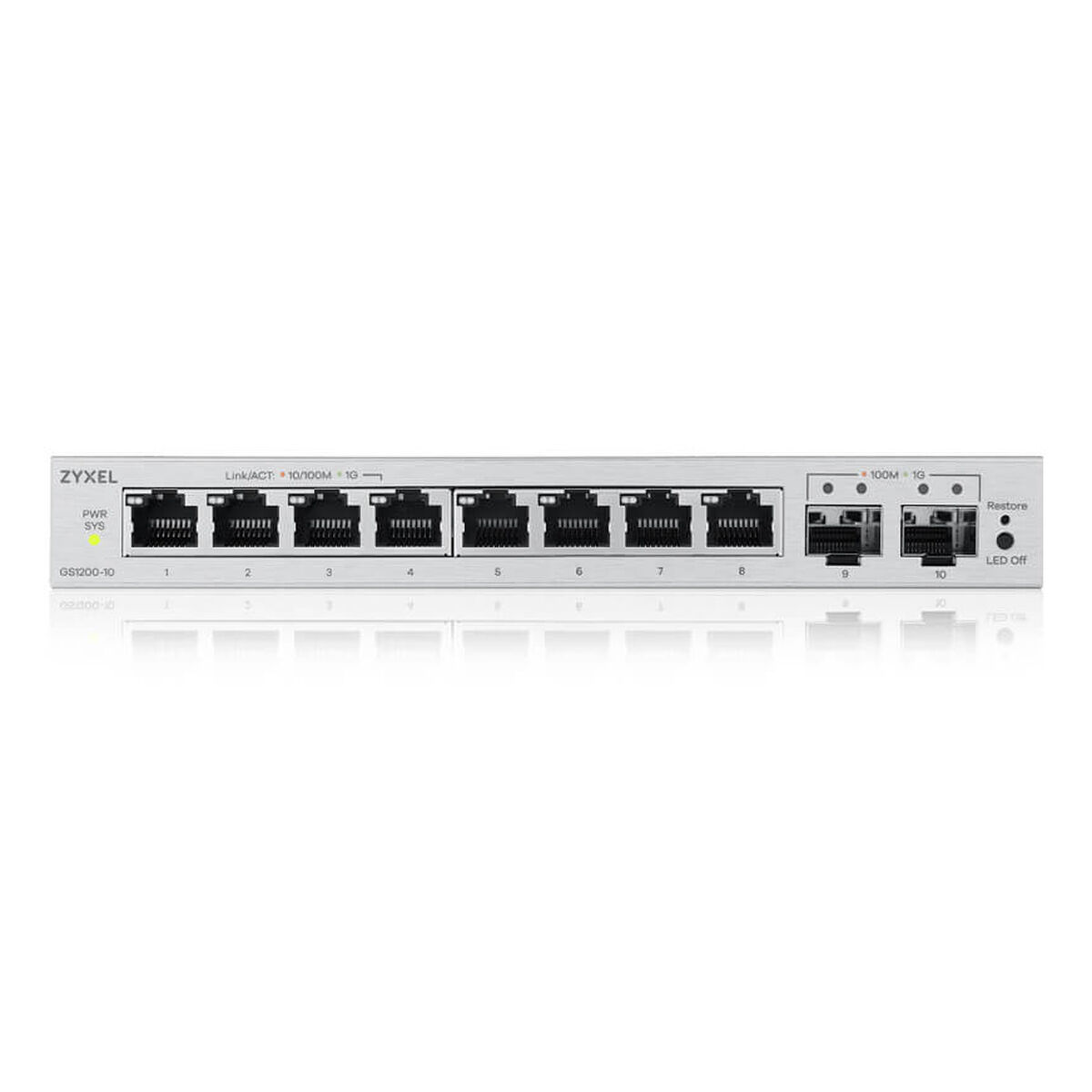 Uno switch di rete Zyxel argentato con 10 porte e LED.