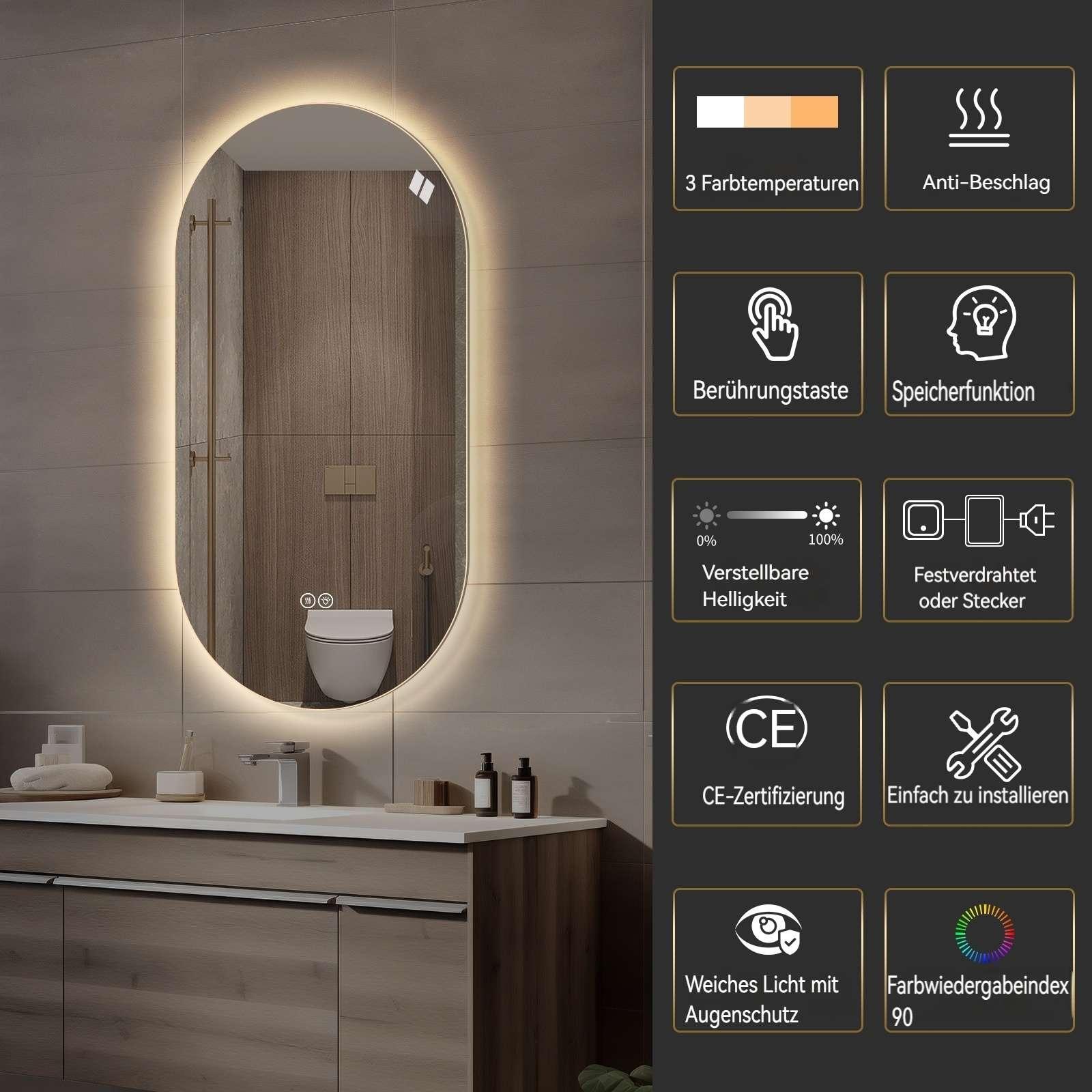 Ein beleuchteter ovaler Spiegel über einem Waschtisch mit Toilette im Hintergrund.