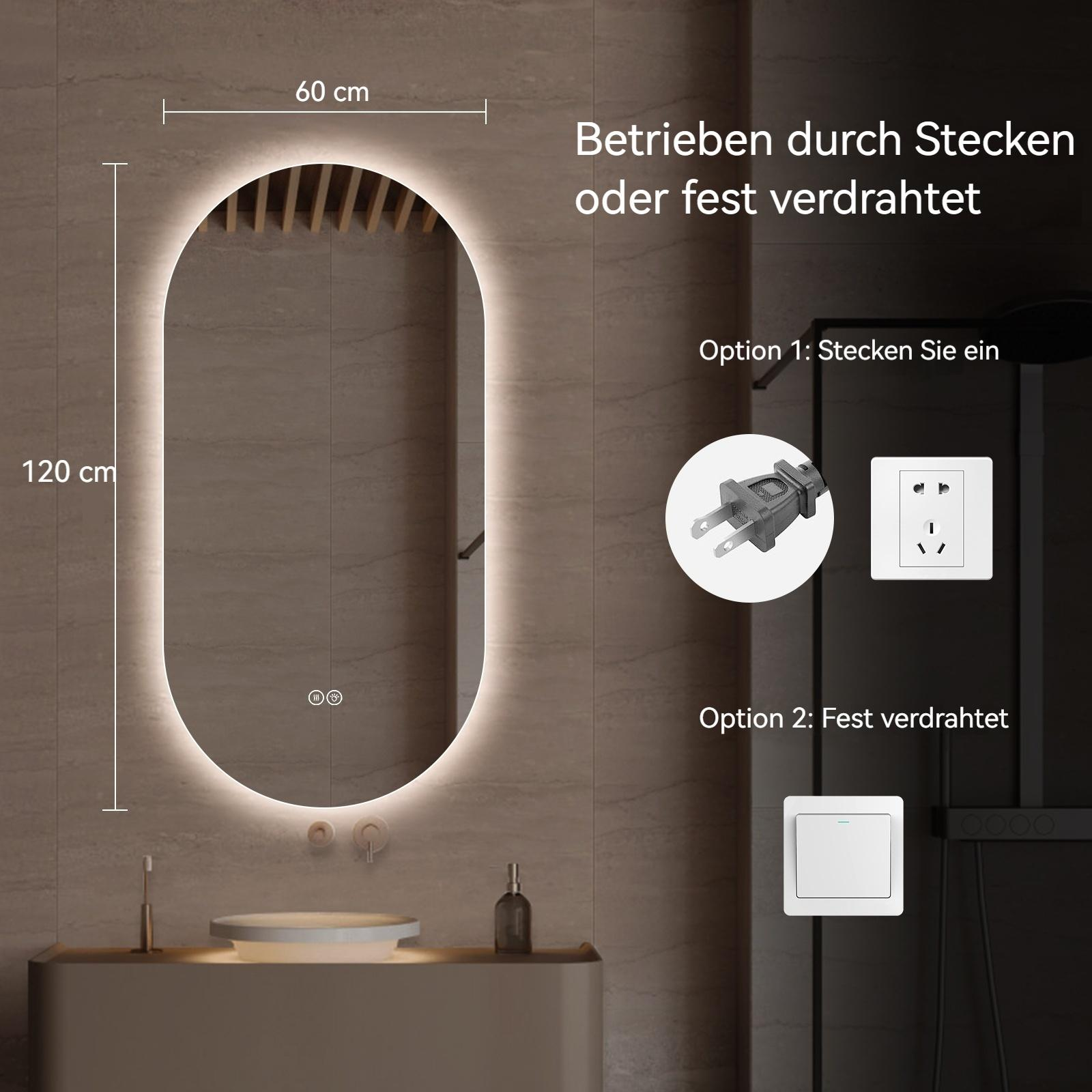 Ein beleuchteter Spiegel (60x120cm) mit Anschlussoptionen: Stecker oder Festverdrahtung.