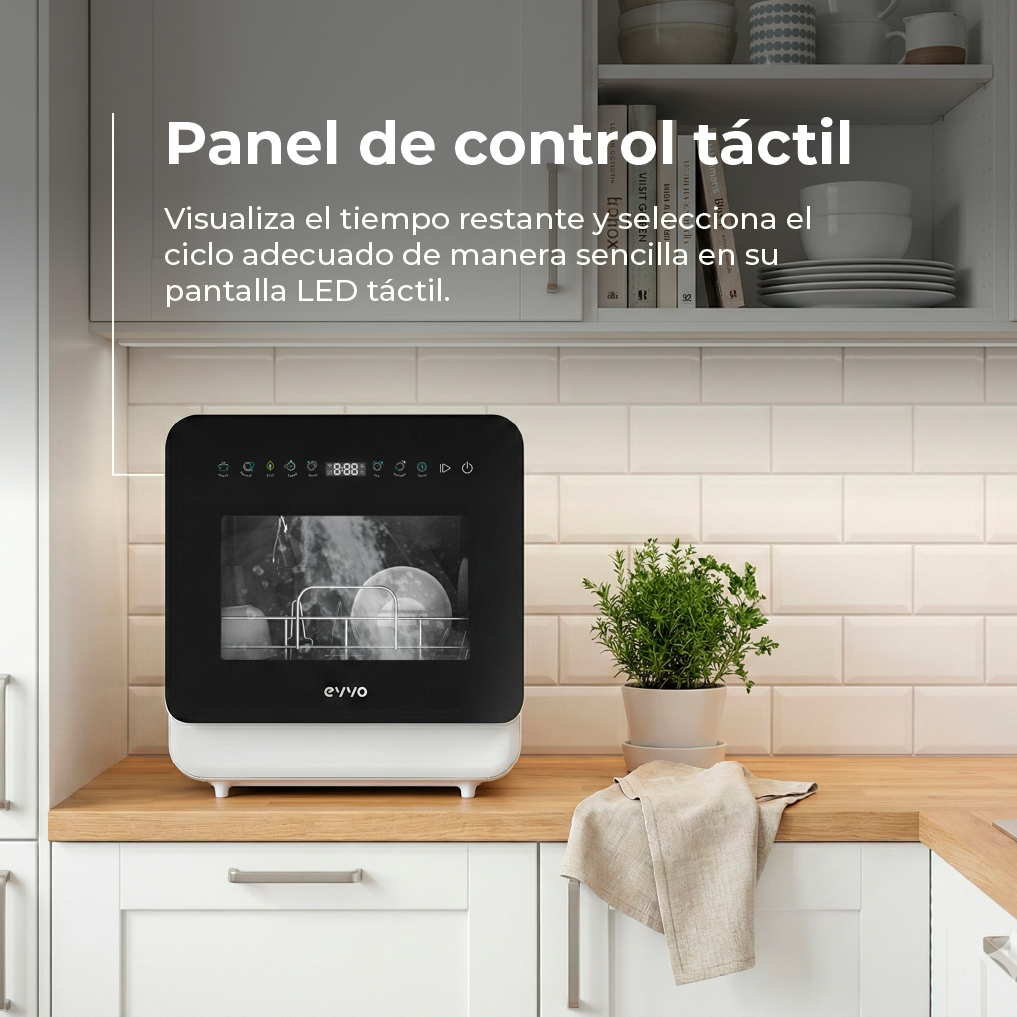 Un lavavajillas compacto con panel de control táctil en una cocina moderna.