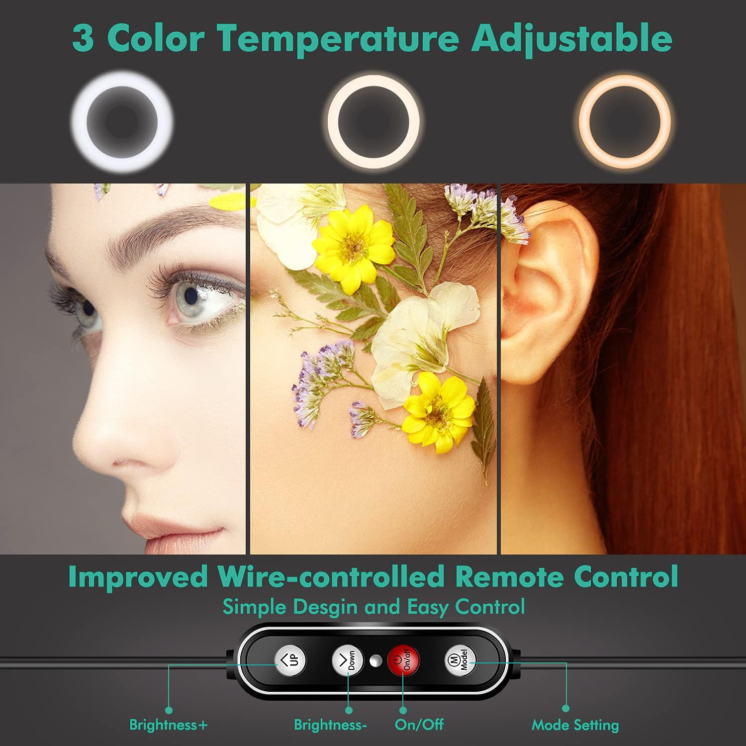 Tre luci ad anello, volti e telecomando con fiori. 3 temperature di colore.
