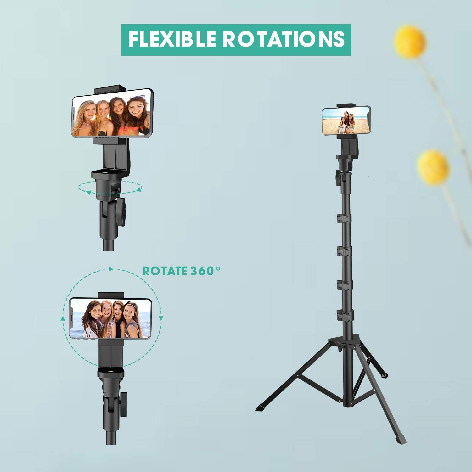 Un treppiede con uno smartphone che mostra un selfie. Rotazioni flessibili.
