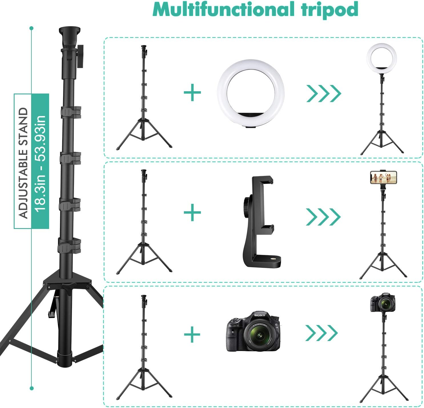 Un treppiede multifunzione con altezza regolabile, luce anulare, supporto telefono e fotocamera.