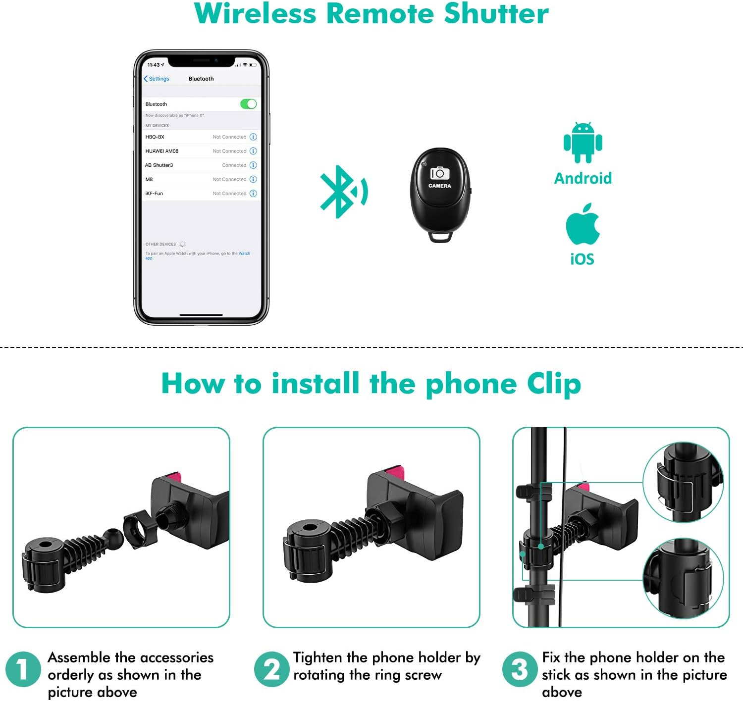 Istruzioni per telecomando wireless, supporto telefono e impostazioni Bluetooth.