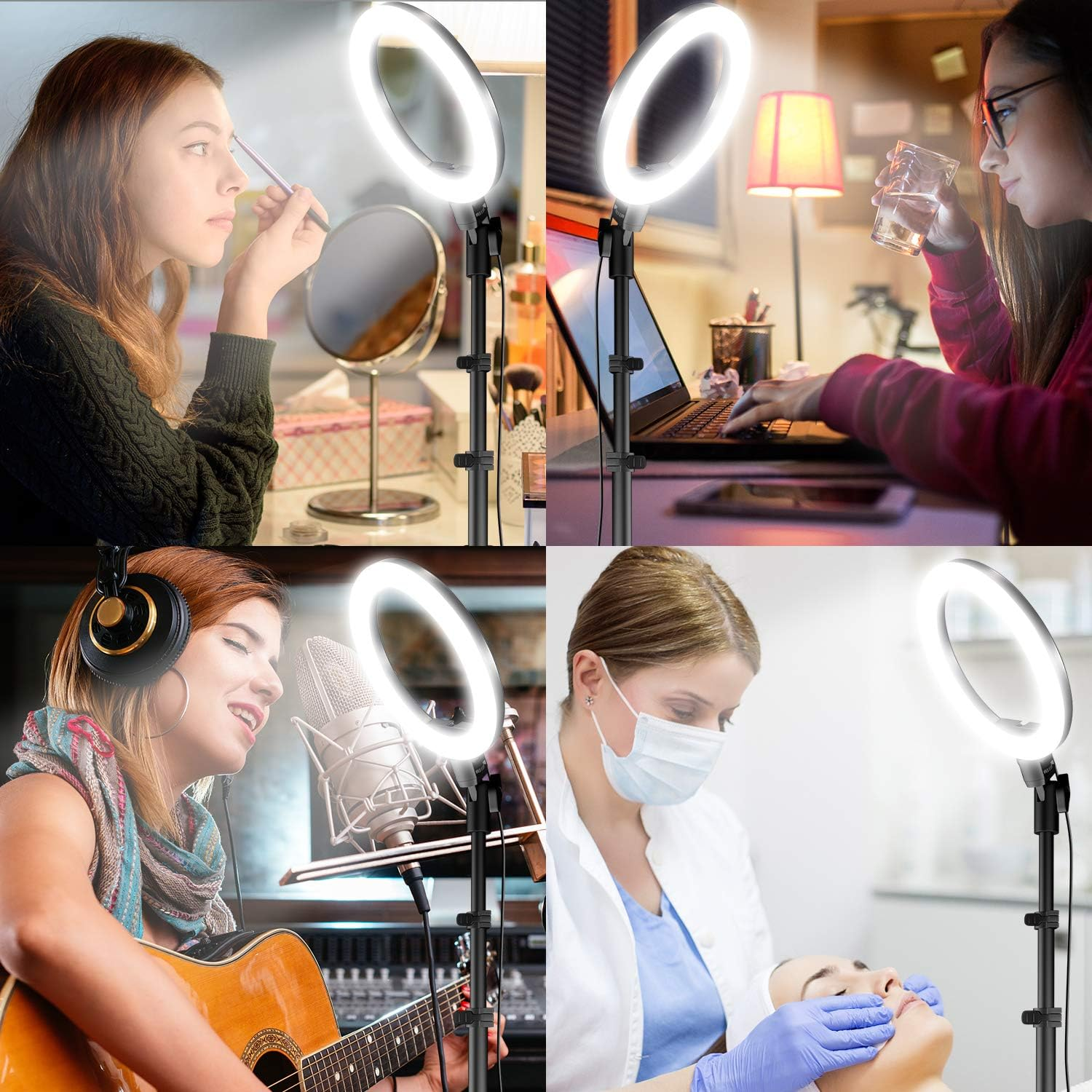 Quattro scene: Donna si trucca, beve acqua al laptop, canta con chitarra, estetista tratta cliente.