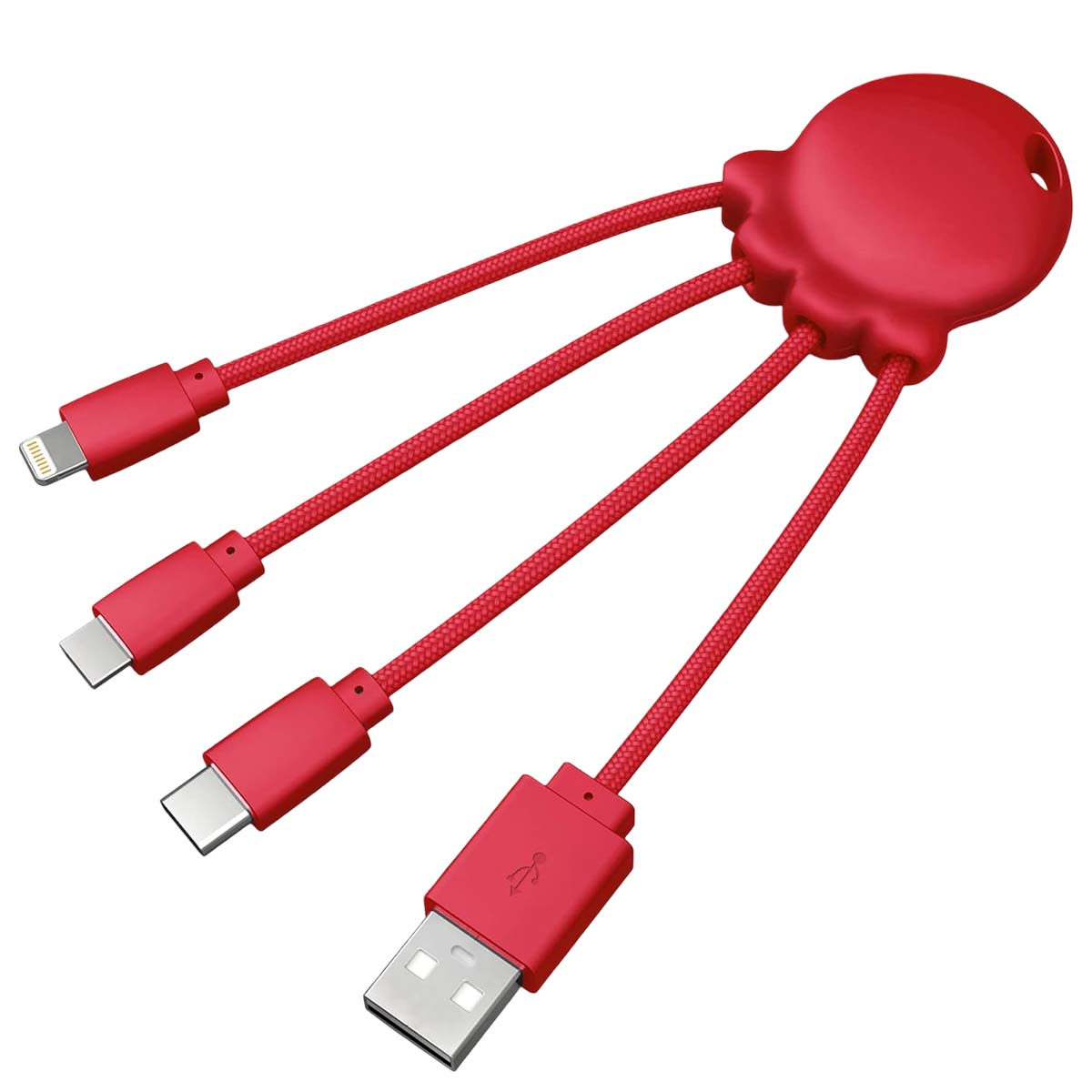 Un câble de chargement rouge avec plusieurs connecteurs, dont USB-C, Lightning et USB-A.