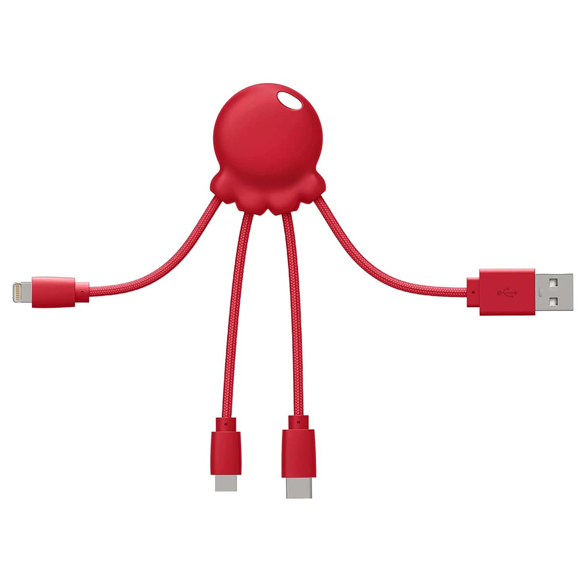 Un câble rouge en forme de pieuvre avec USB-A, Lightning et deux connecteurs USB-C.