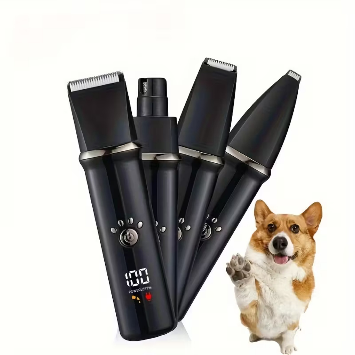 Vier schwarze Haarschneidemaschinen und ein fröhlicher Corgi-Welpe.