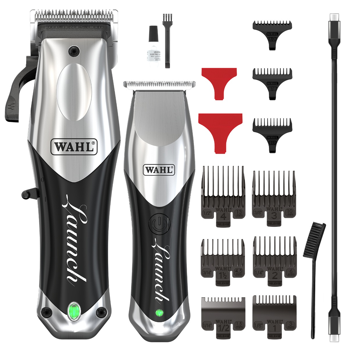 Zwei silberne und schwarze Wahl Haarschneidemaschinen mit Zubehör wie Kämme und Kabel.
