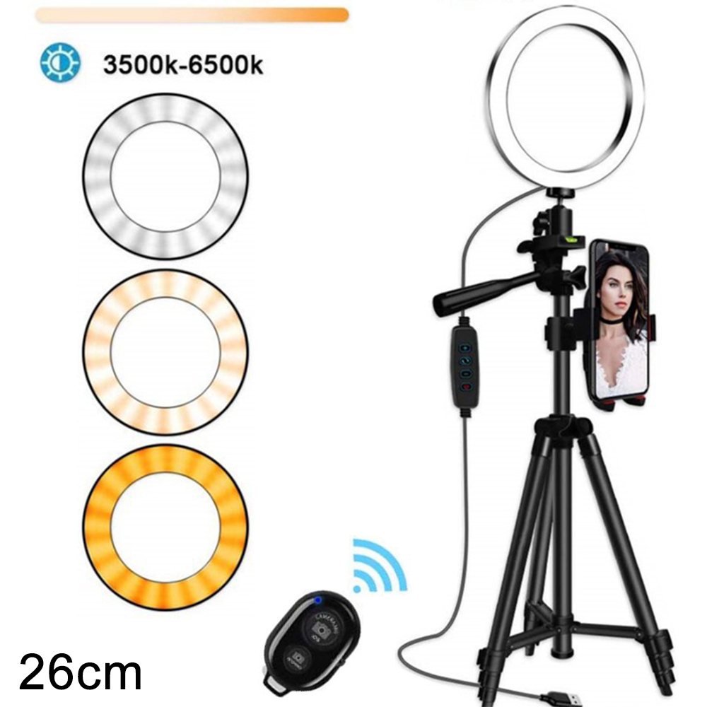 Anello luminoso con treppiede, supporto per telefono, telecomando e luminosità/temperatura regolabili.