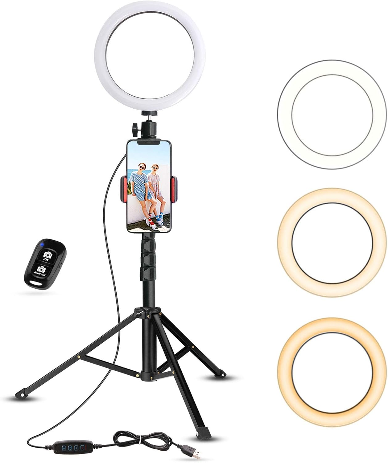 Anello luminoso con supporto telefono, treppiede, telecomando e cavo.