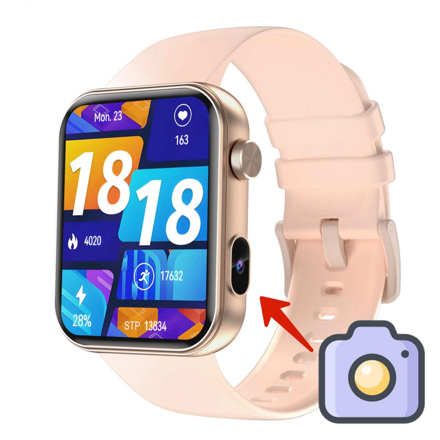 Ein rosafarbene Smartwatch mit goldfarbenem Gehäuse und buntem Display.
