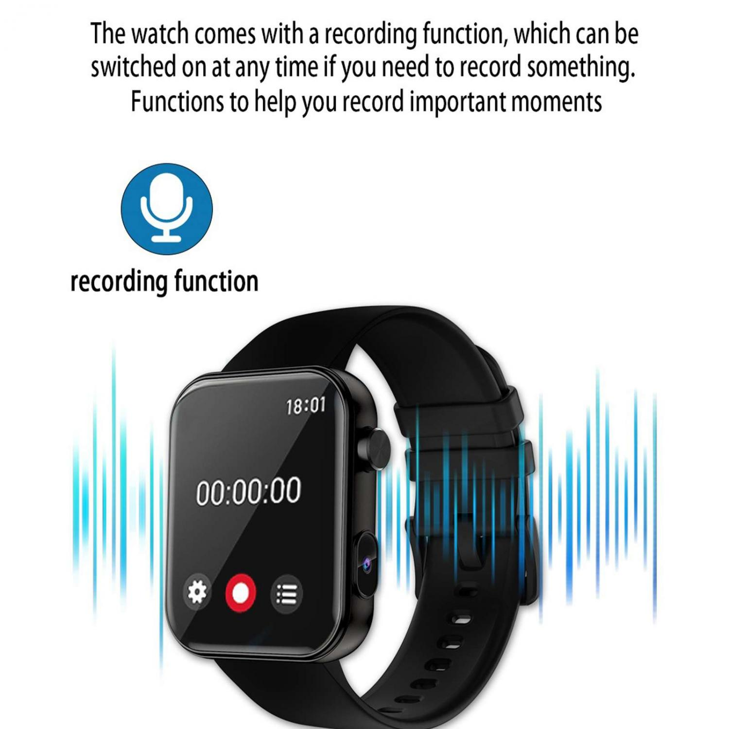 Schwarze Smartwatch mit Aufnahme-Symbol und Wellenform-Anzeige.