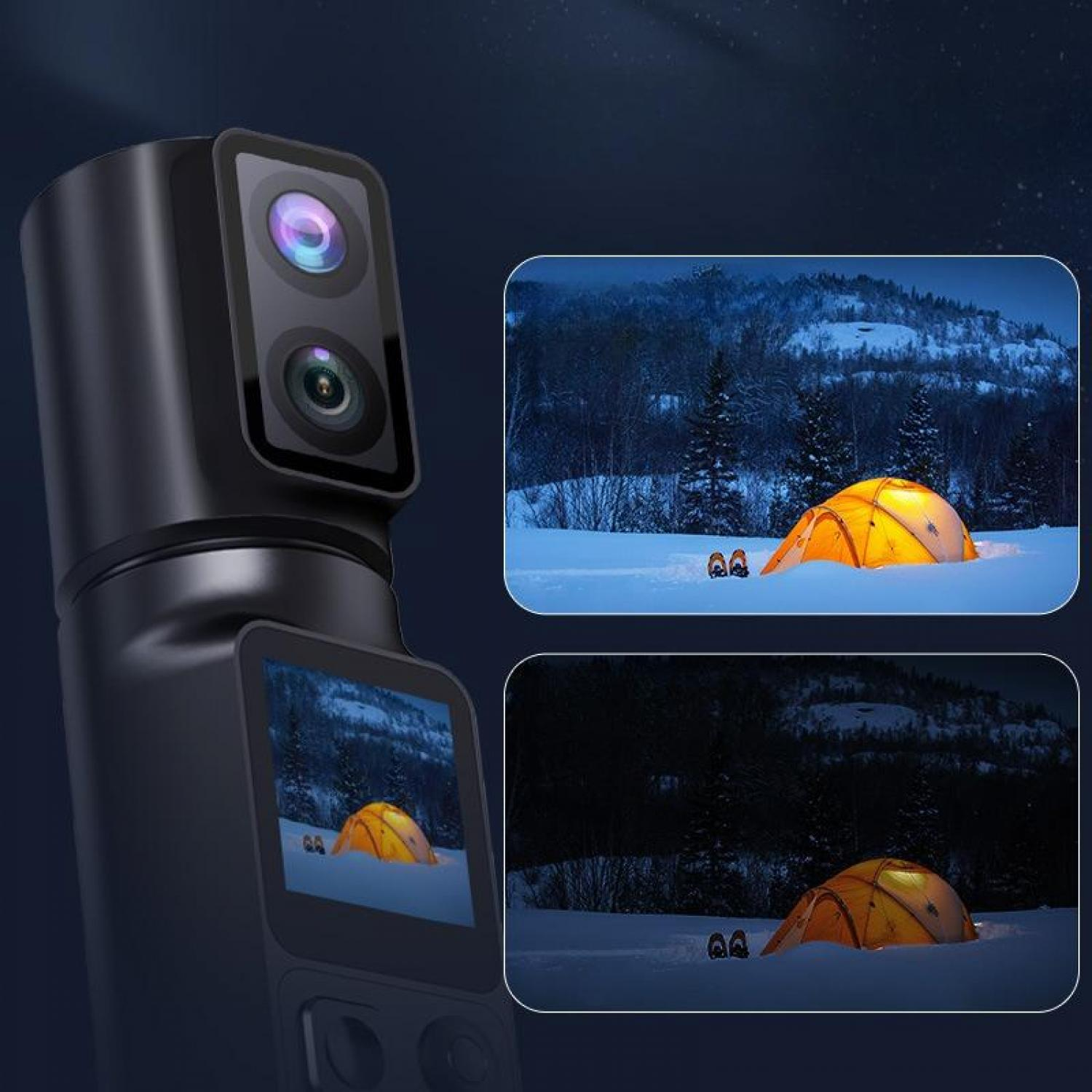 Ein orangefarbenes Zelt leuchtet im Schnee vor einem dunklen Wald und schneebedeckten Hügeln.