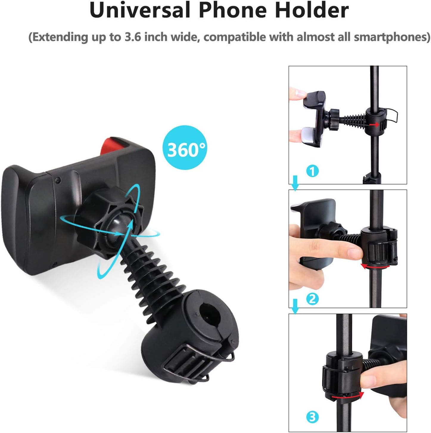 Supporto nero per telefono con simbolo 360° e istruzioni.