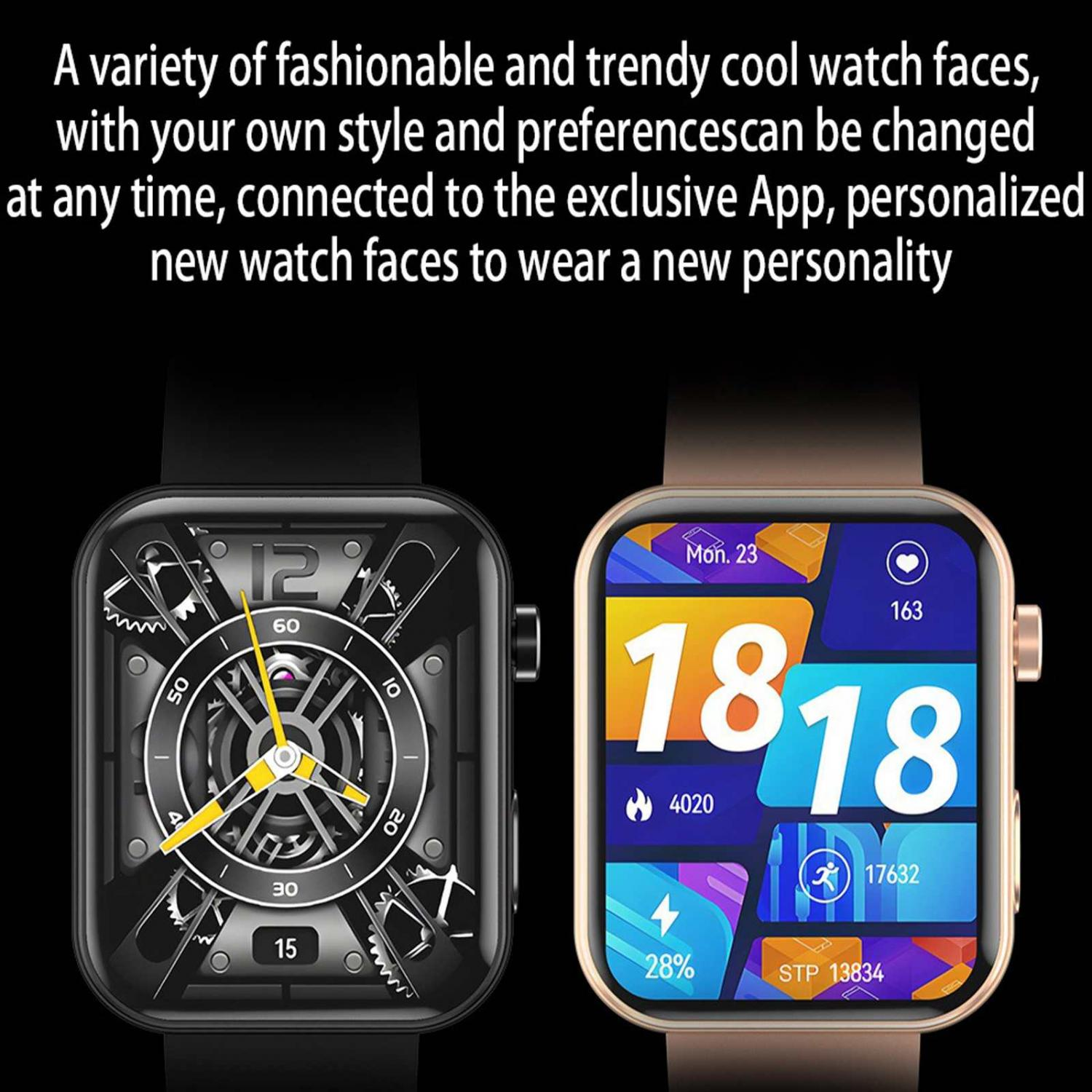 Zwei Smartwatch-Zifferblätter: eines mechanisch, eines digital mit App-Daten.