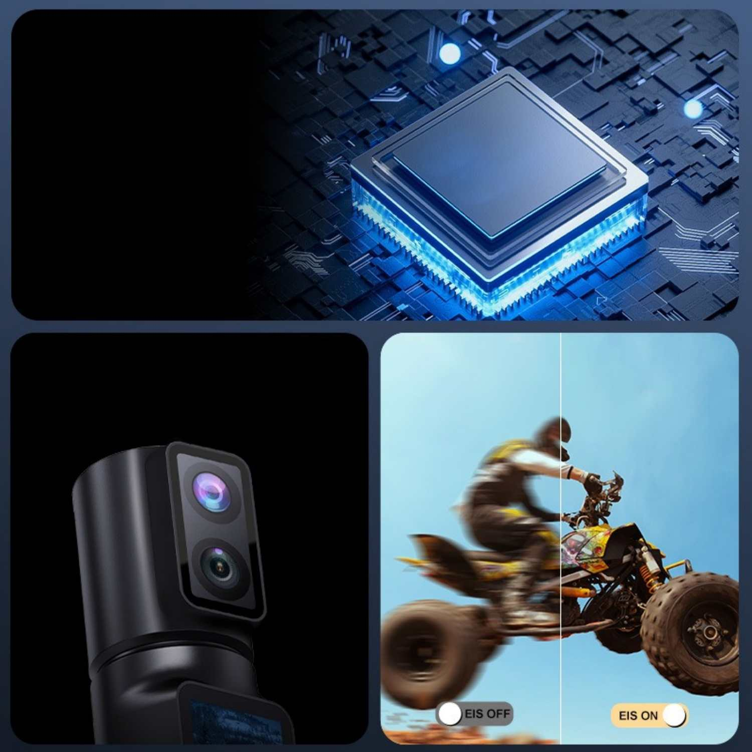 Collage: Eine CPU auf einer Platine, eine Kamera und ein Quad-Biker mit EIS EIN/AUS-Vergleich.