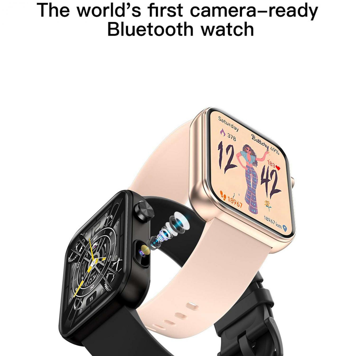Zwei Smartwatches, eine schwarz, eine gold. Text: Die weltweit erste kamerafertige Bluetooth-Uhr.