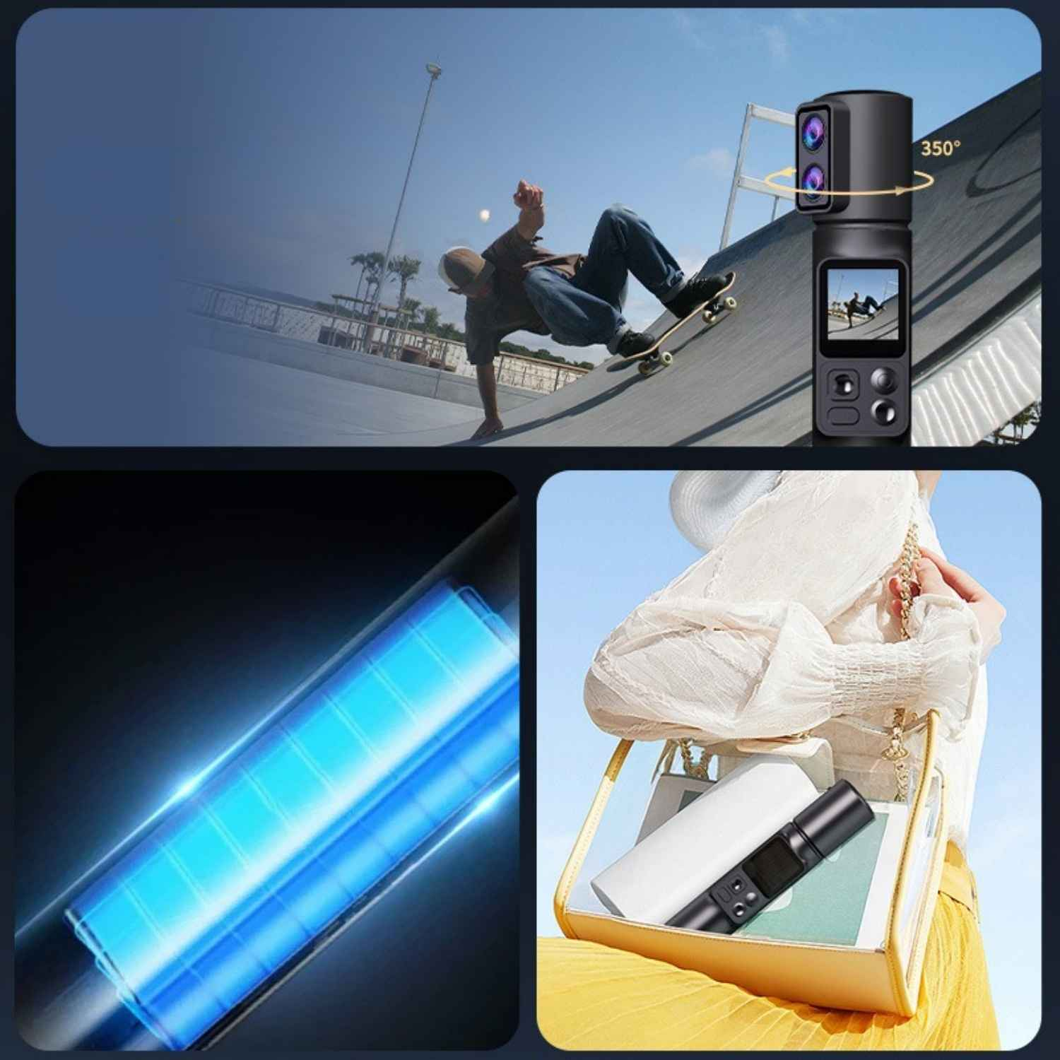 Kamera dreht sich um 350°, Skateboarder auf Rampe, Akkuanzeige, Tasche mit Geräten.